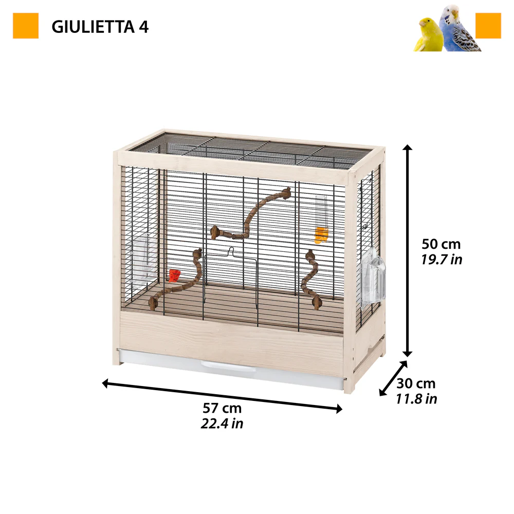 Giulietta 4 Gabbia per Uccelli in Legno Massello con Cassetto Rimovibile e Mangiatoia Girevole