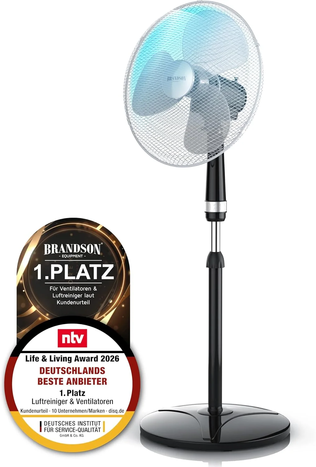 Brandson, Standventilator 40cm, Ventilator Standfuß höhenverstellbar, Preisträger 2026, hoher Luftdurchsatz, 3 Geschwindigkeitsstufen, silber schwarz