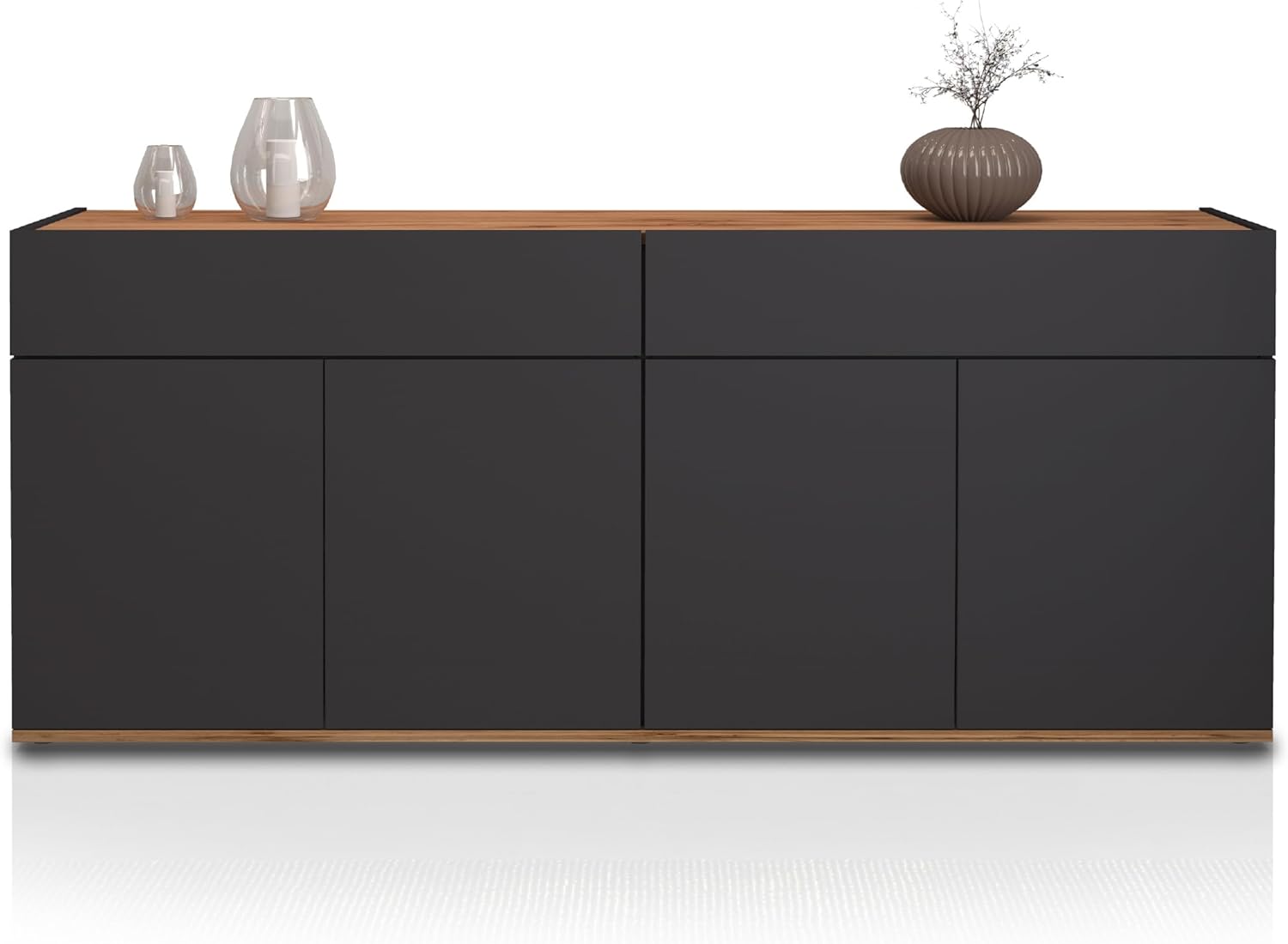 WHOUS Credenza e Buffet GARDA per Soggiorno con 2 Cassetti e 4 Ante, Madia per Salotto, Cucina e Sala da Pranzo in Legno, 160,1x35x70 cm, Antracite Opaco e Rovere