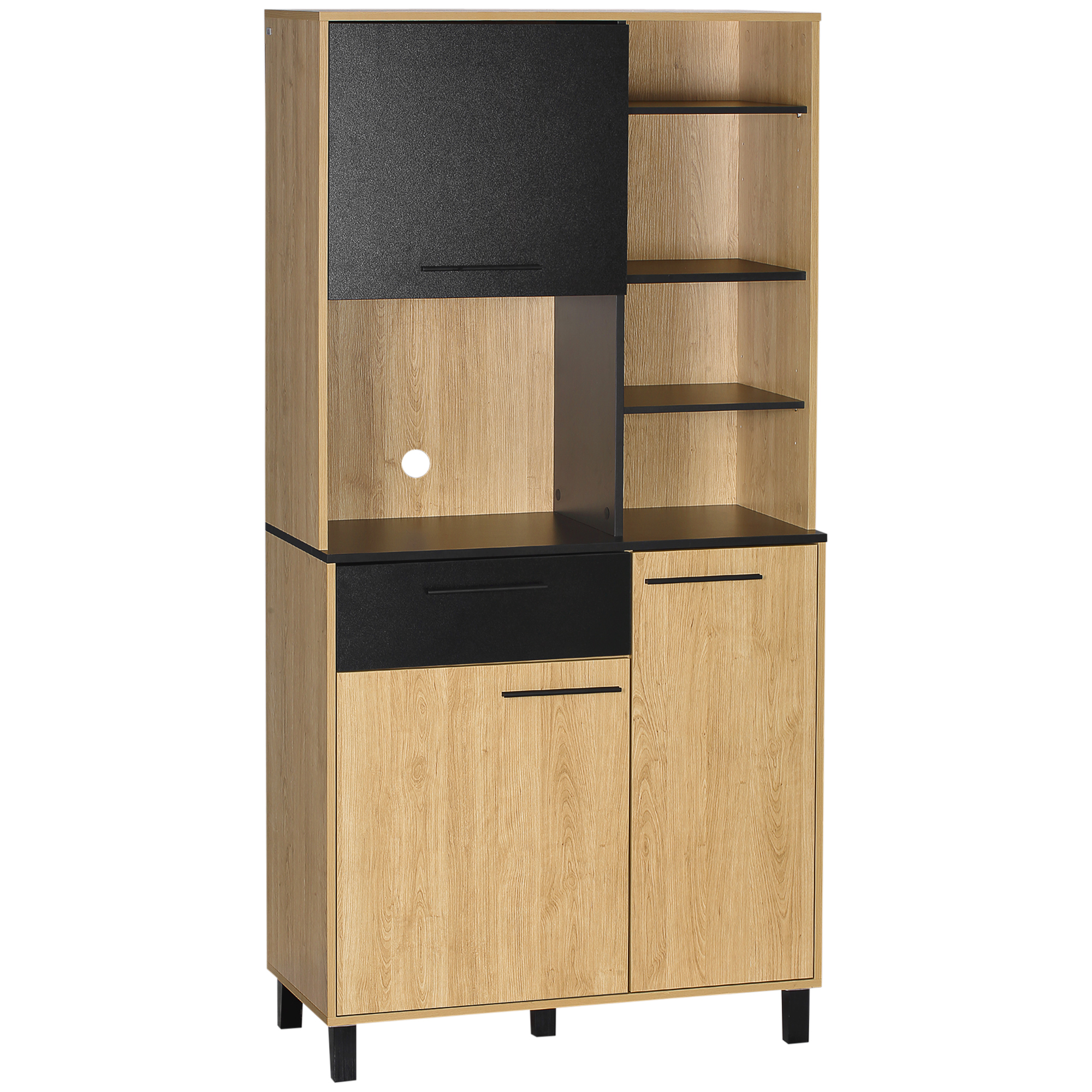 HOMCOM Küchenbuffet mit Schublade 3 Schränke 4 Nischen und Kabeldurchlass, Höhe 180 cm Schwarz und Naturholz