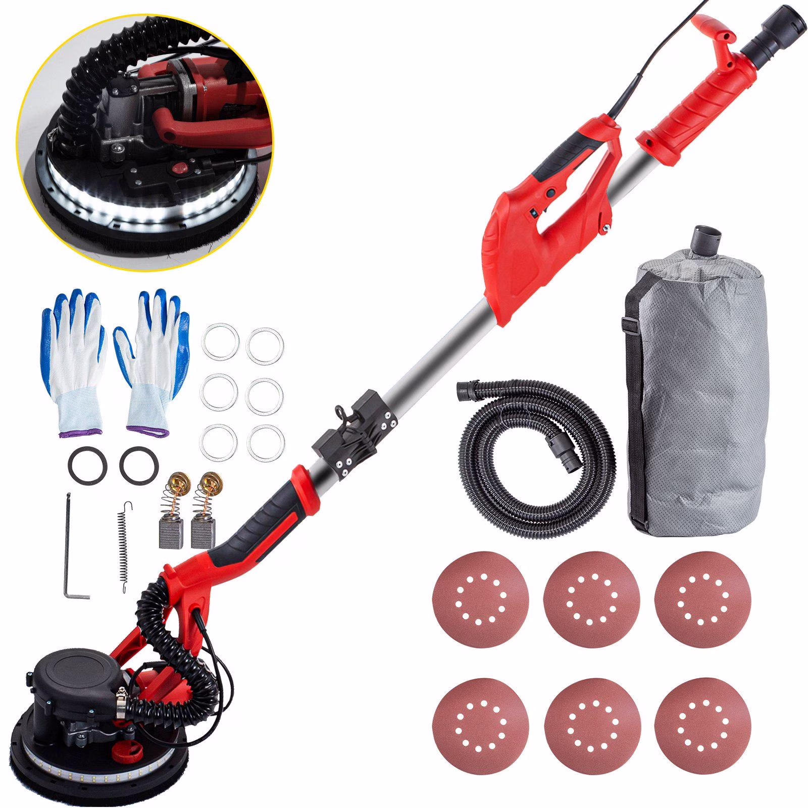 Drywall Sander 850W, Electric Drywall Sander, Electric Sander, with LED Strip Light and Vacuum Bag, Variable Speed 800-1750 RPM, Foldable Sheetrock Sander, with Telescope Handle, Wall Sander