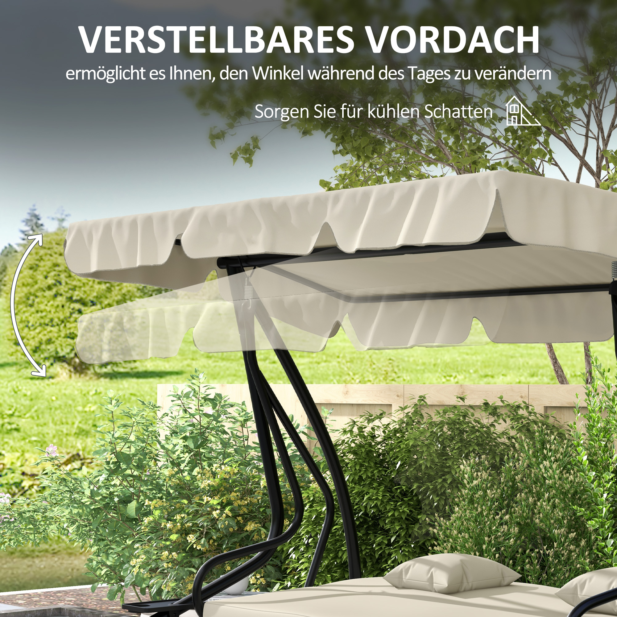 Outsunny 2-in-1 Tuinschommel met Ligfunctie, Verstelbaar Dak, tot 340 kg, Staal, 200x120x164 cm, Cr��mewit