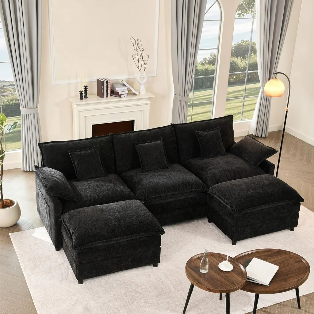 108 Inch U Shape Sofa, Sectional Sofa, Comfortable Cloud Sofa with Removable Footstool, Living Room Deep Seat Sofa, Linen, Beige