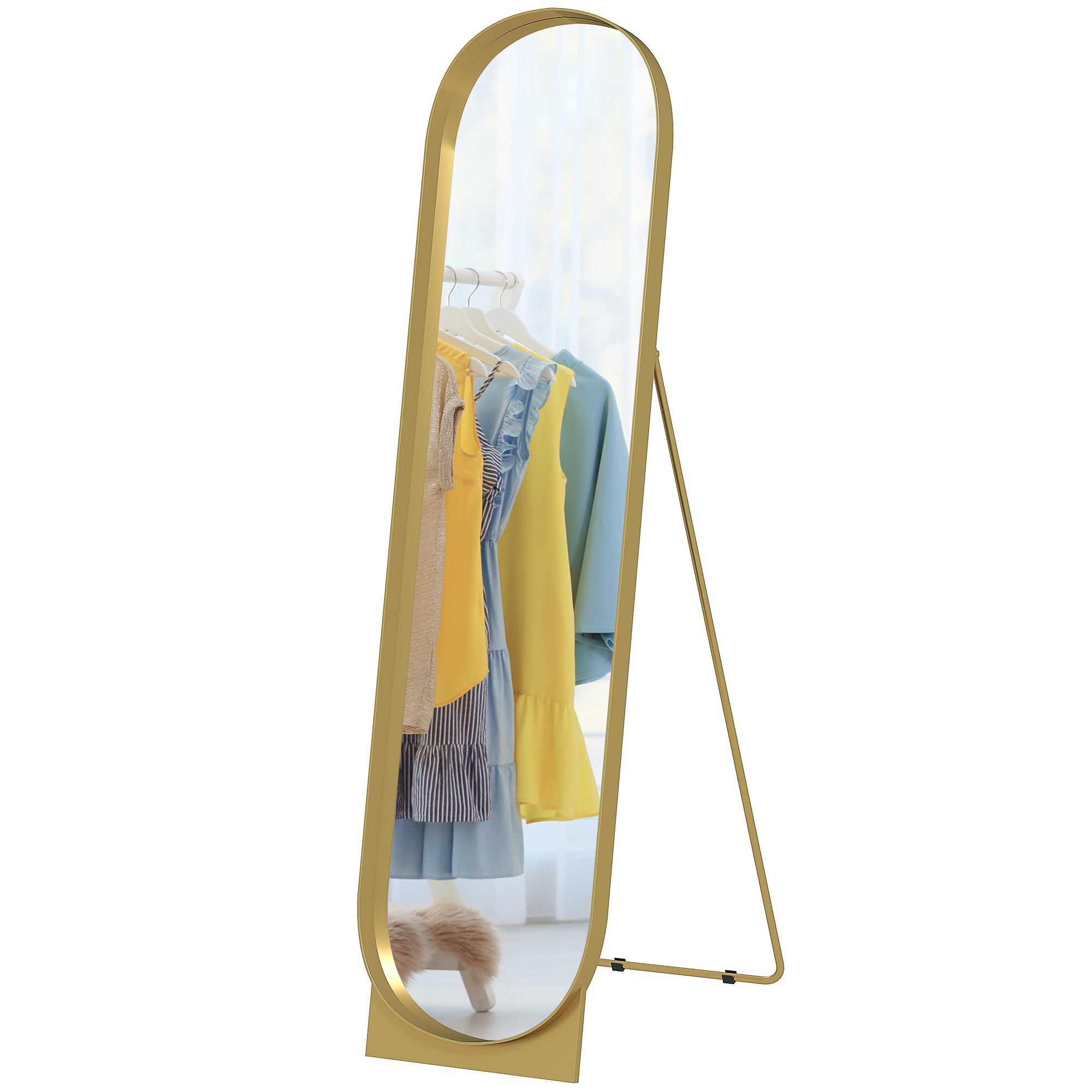 HOMCOM Bodenstehender gewölbter Spiegel 40 x 160 cm Metallrahmen und bruchsichere Folie Boden- oder Wandmontage Gold