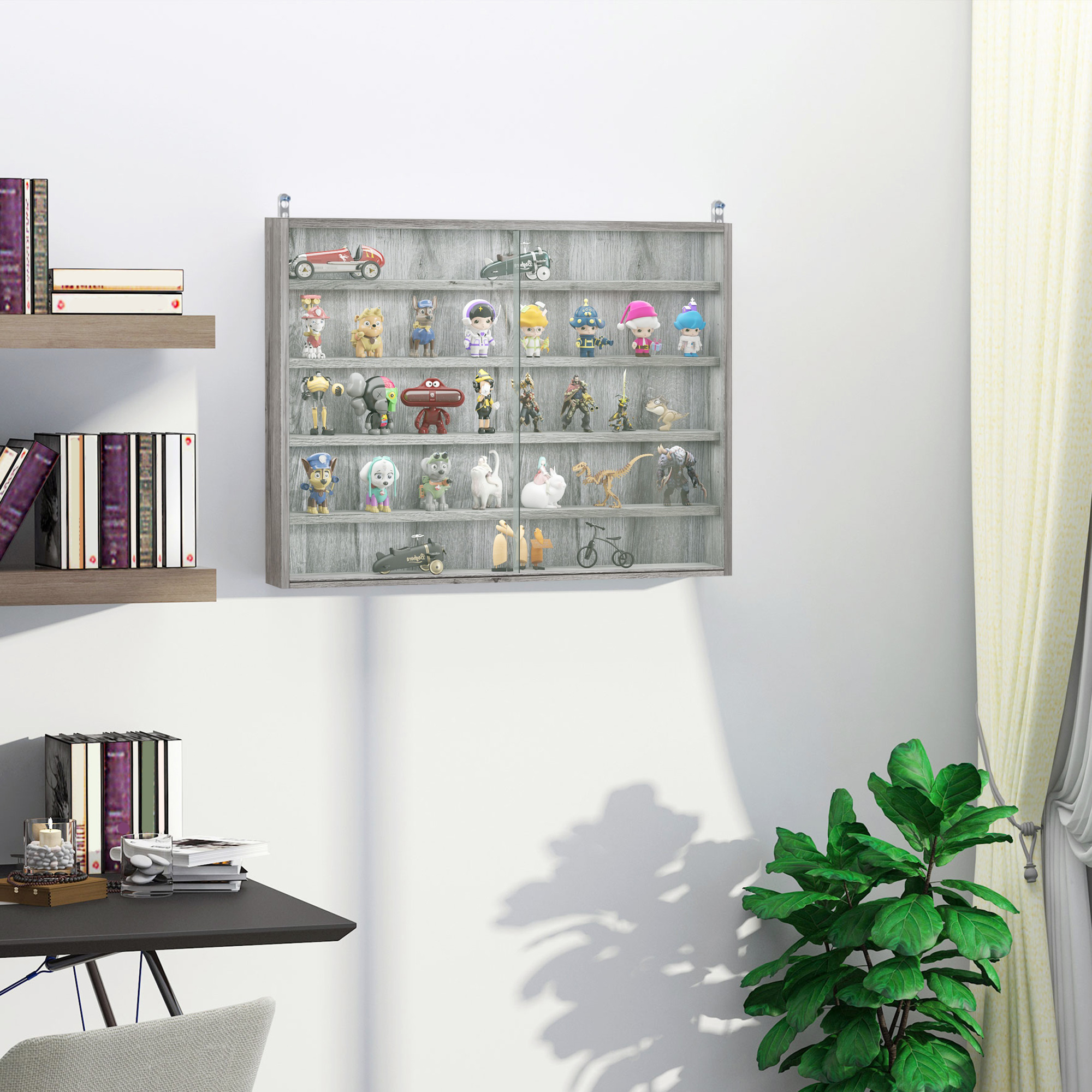 HOMCOM Wandvitrine für Sammlerstücke 5 verstellbare Regale und 2 Glasschiebetüren 80 x 9,5 x 60 cm Grau