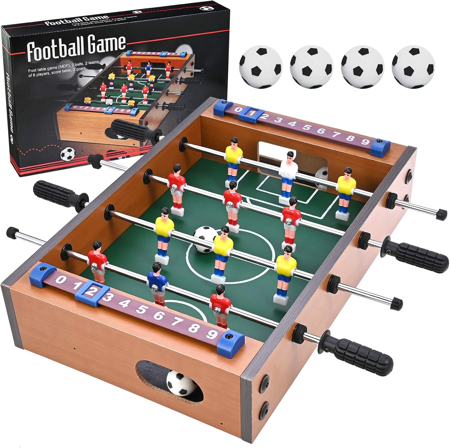 GOLDGE Calcetto da Tavolo, Calcetto Multigioco, Biliardino Calcio Balilla per Bambini e Adulti con 4 Palloni da Calcio, 34.5 * 23 * 8 cm, Legno, Multicolore
