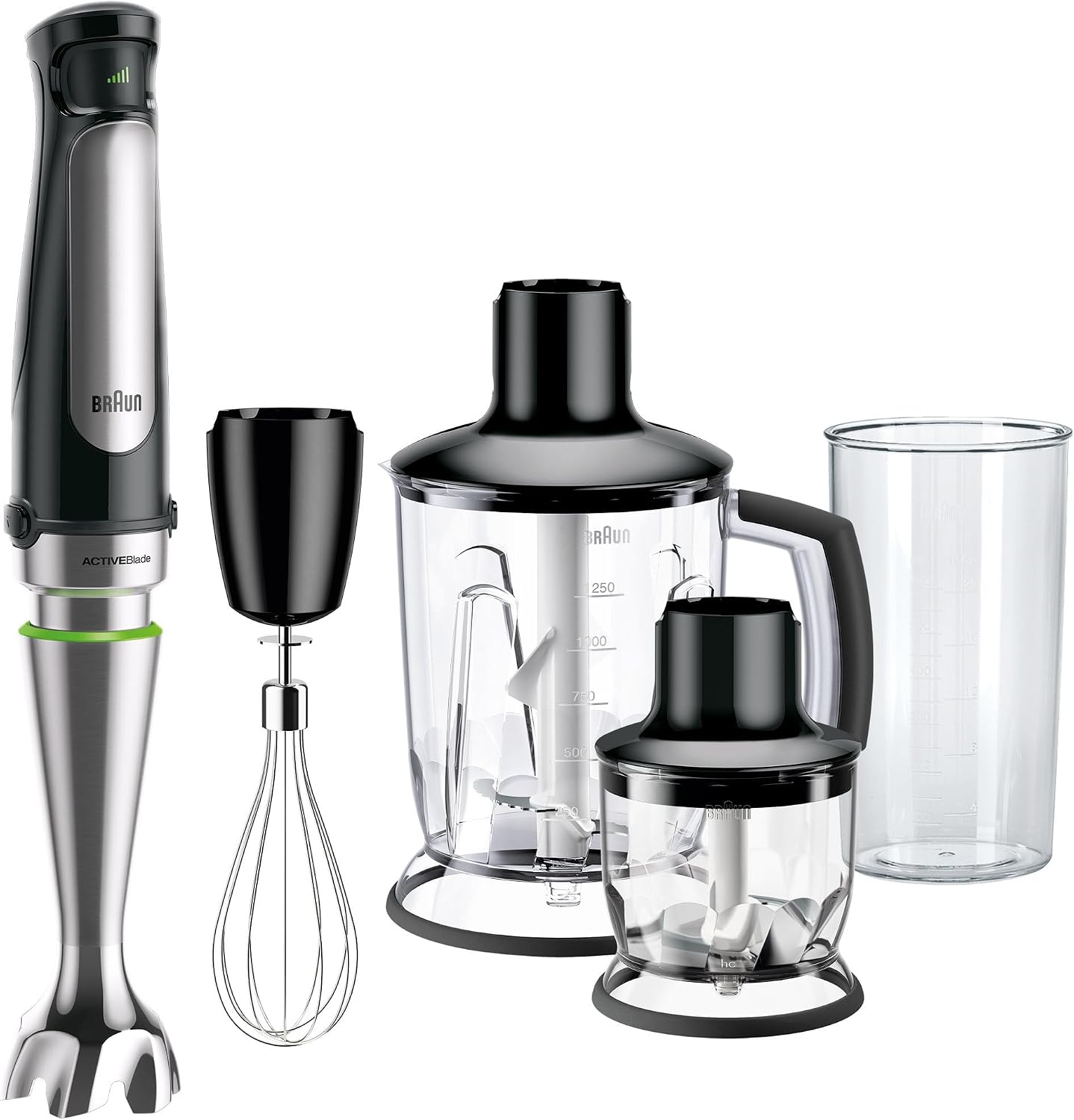 Braun MultiQuick 7 - Frullatore a Immersione con Tecnologia SplashControl, ActiveBlade, Selezione di Velocità Precisa, Frullatore 1,25L, Tritatutto, Frusta, Bicchiere 600 mL, 1000W, Nero (MQ7045X)