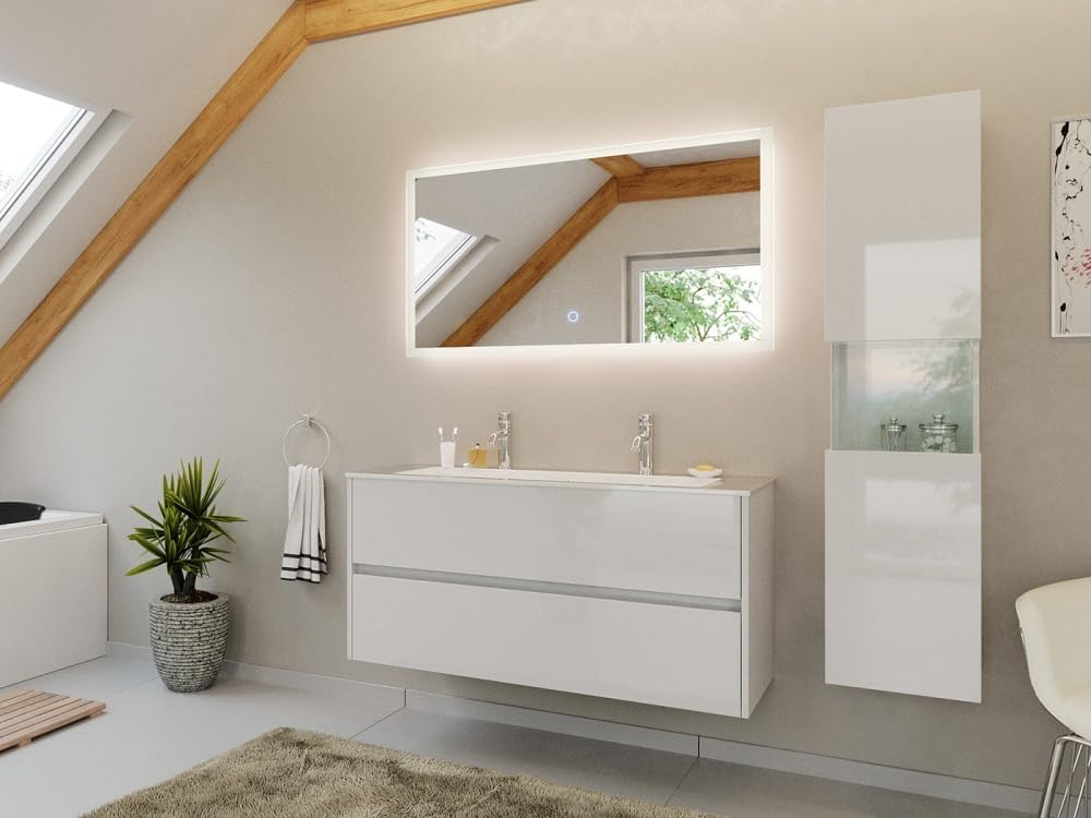 Doppel-Badmöbel Set Taifun 3tlg. 120 cm mit LED Spiegel & Hochschrank