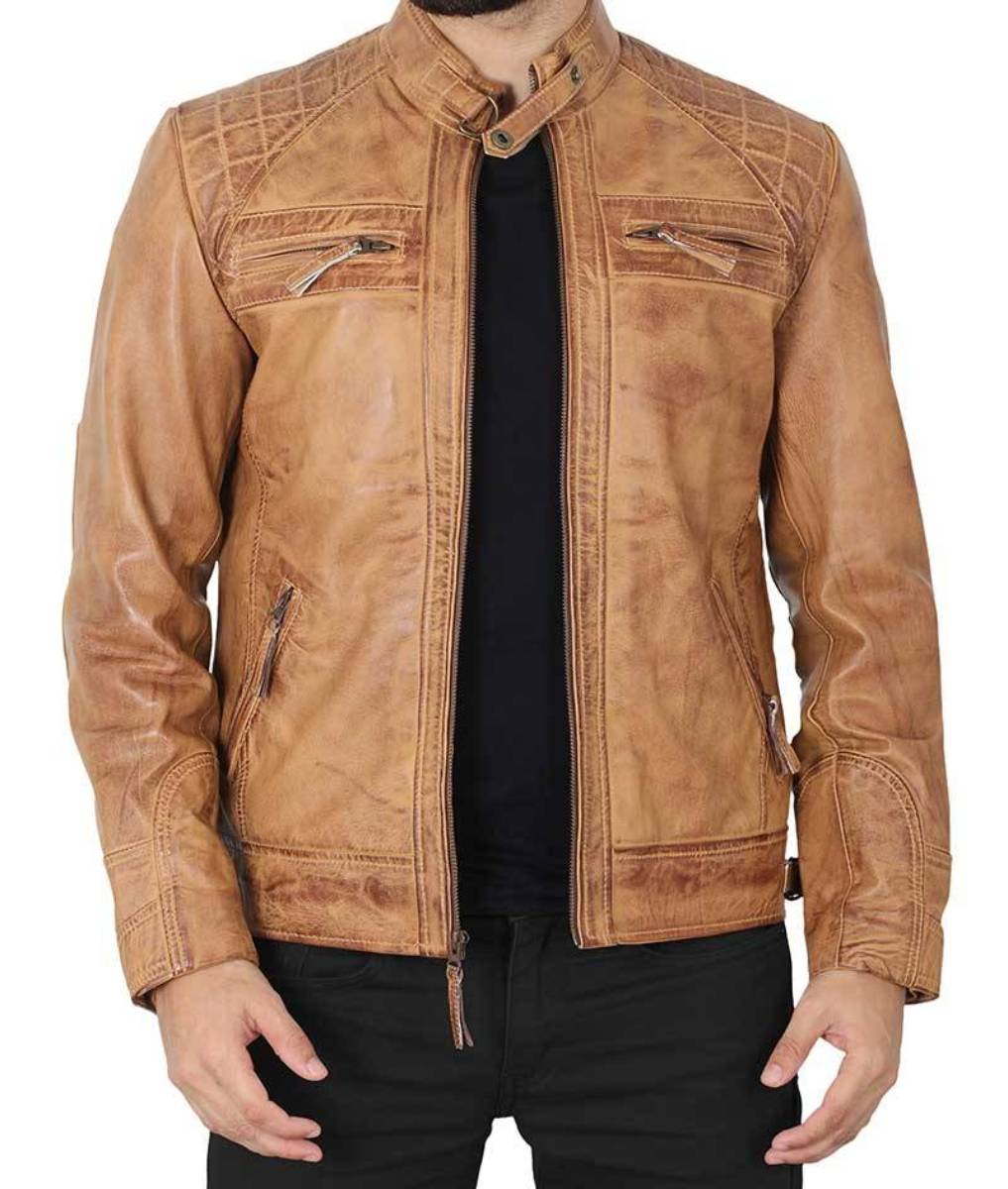 Men’s Quilted Distressed Camel Leather Jacket