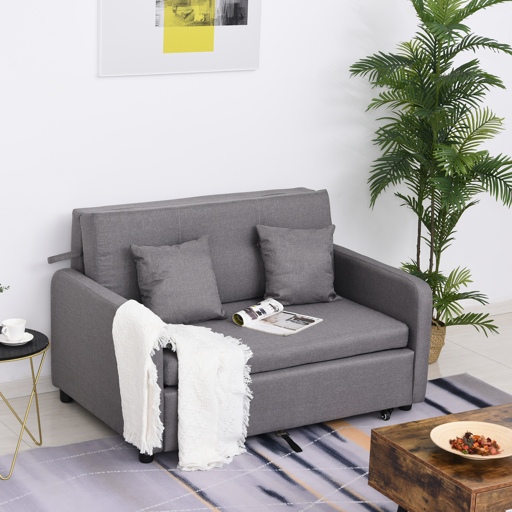 HOMCOM Slaapbank voor 2 Personen, met Opbergruimte, Eenvoudige Ombouw, Flexibel Ontwerp, Grijs