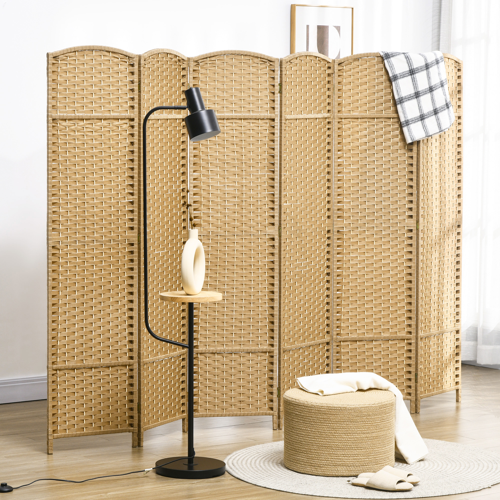 HOMCOM 6-teiliger Raumtrenner, Faltbarer Sichtschutz, Sichtschutzwand für Wohnzimmer, Schlafzimmer, Homeoffice, Natur