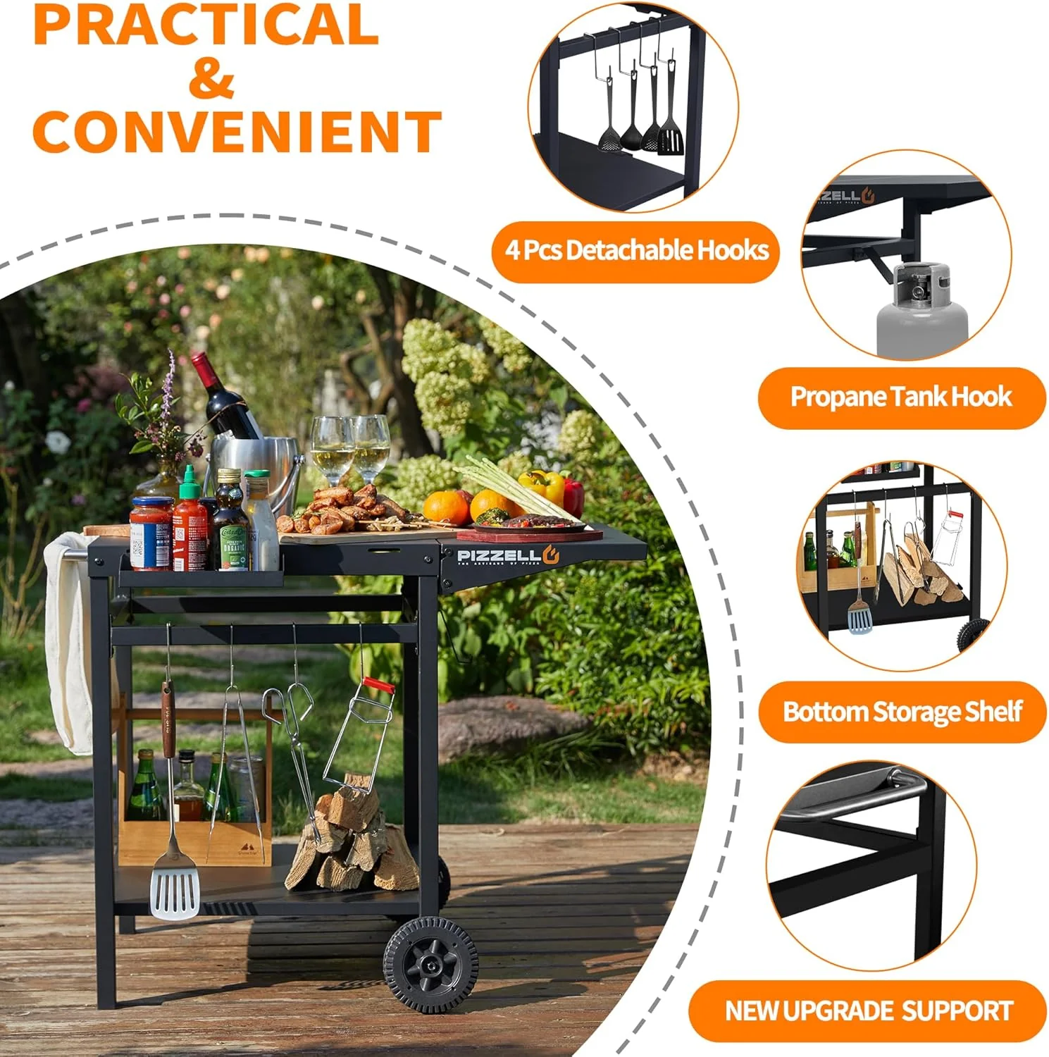 Movable Outdoor Grill Cart with Double Shelf Trolley and Foldable Tabletop