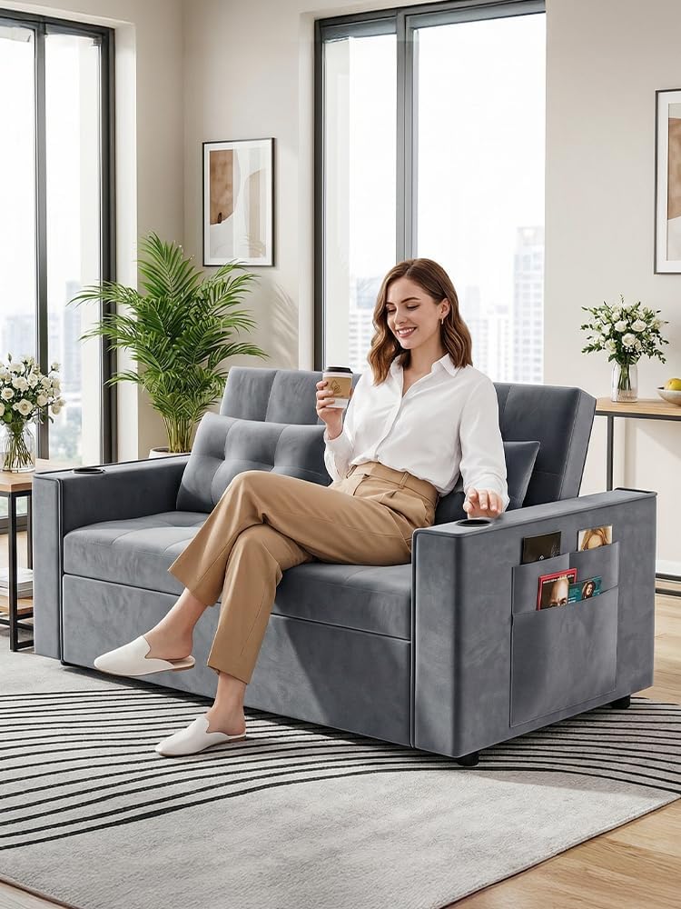 3-in-1 Pull Out Sofa Bed with Charging Station, Cup Holder & Side Storage - 70