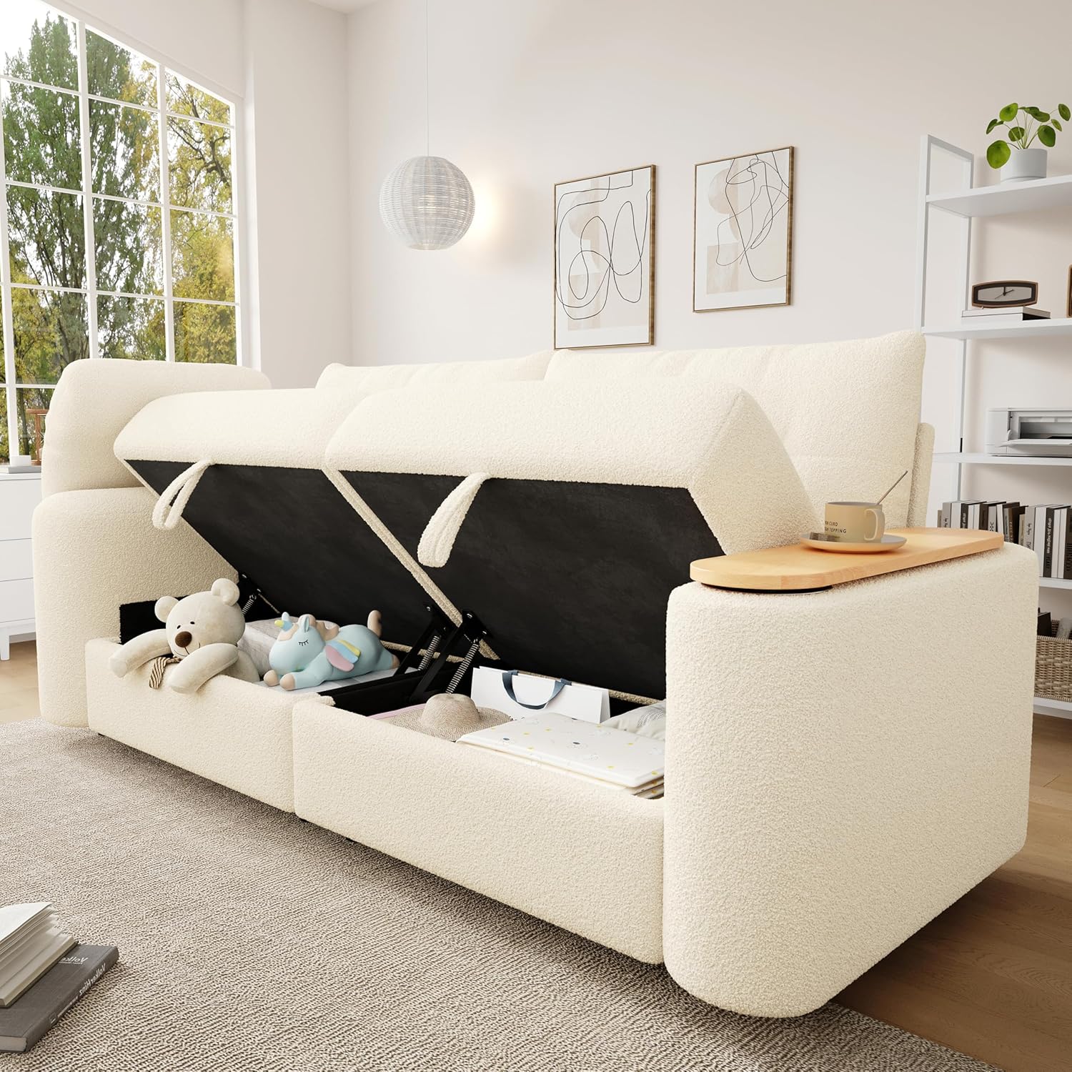 Teddyplüsch Divano 80 x 87 x 207,5 cm, beige, 3 posti, piccolo modulare, con spazio di archiviazione, poggiatesta e tavolino integrato, divano letto salvaspazio