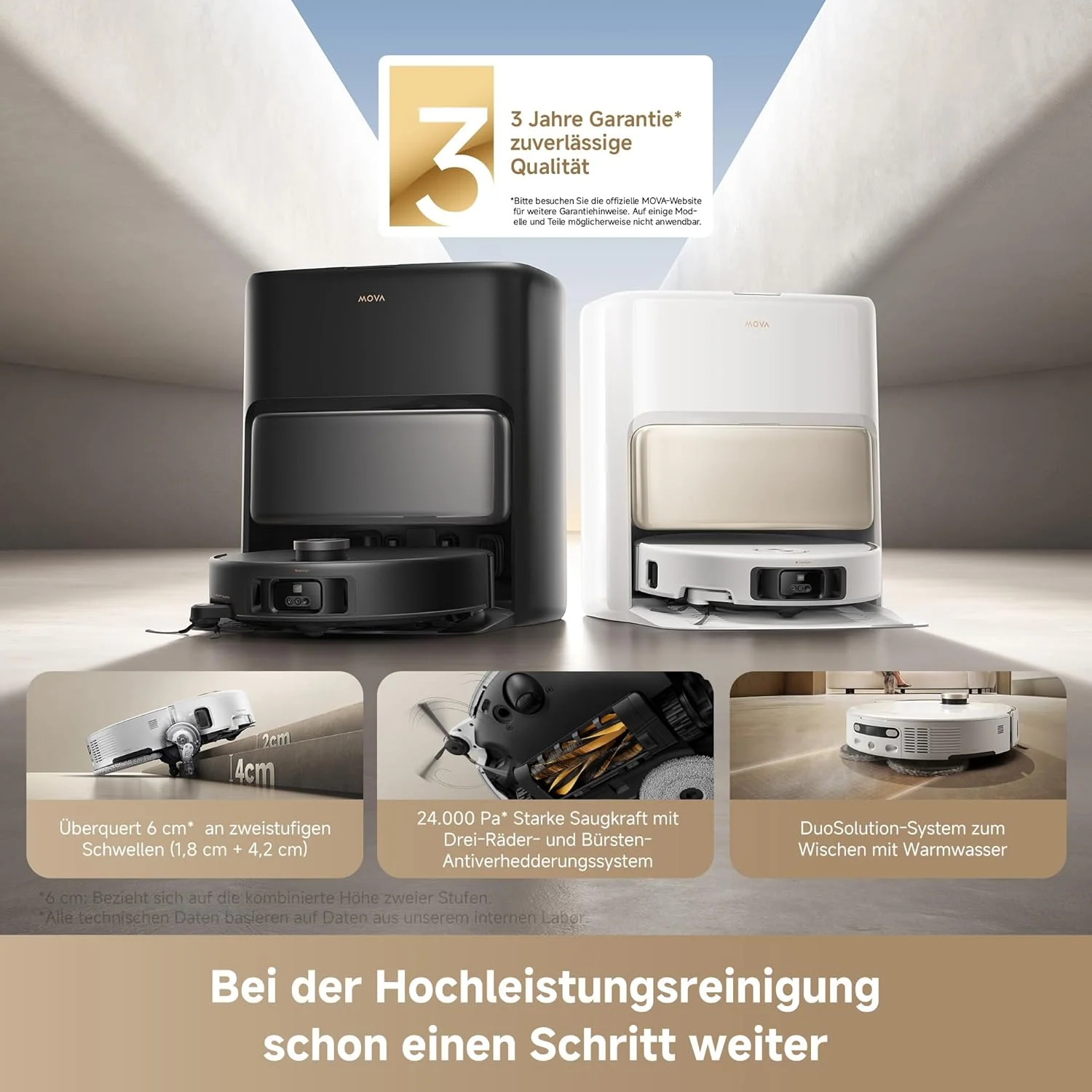 Mova V50 Ultra Complete Saugroboter mit Wischfunktion, Einer Saugkraft von 24.000 Pa, anhebbare Navigation mit 6 cm Hindernisüberwindung und Warmwasser-Wischen mit DuoSolution-System, weiß