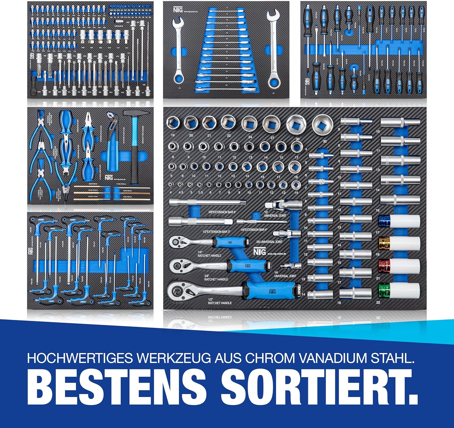 NTG WERKZEUGWAGEN GEFÜLLT MIT Werkzeug – Abschließbarer Werkstattwagen mit 7 Schubladen – 252-teilig, Davon 6 bestückt – Soft Inlays in Carbonoptik – Robuster Werkzeugkasten & Werkzeugkiste – Blau