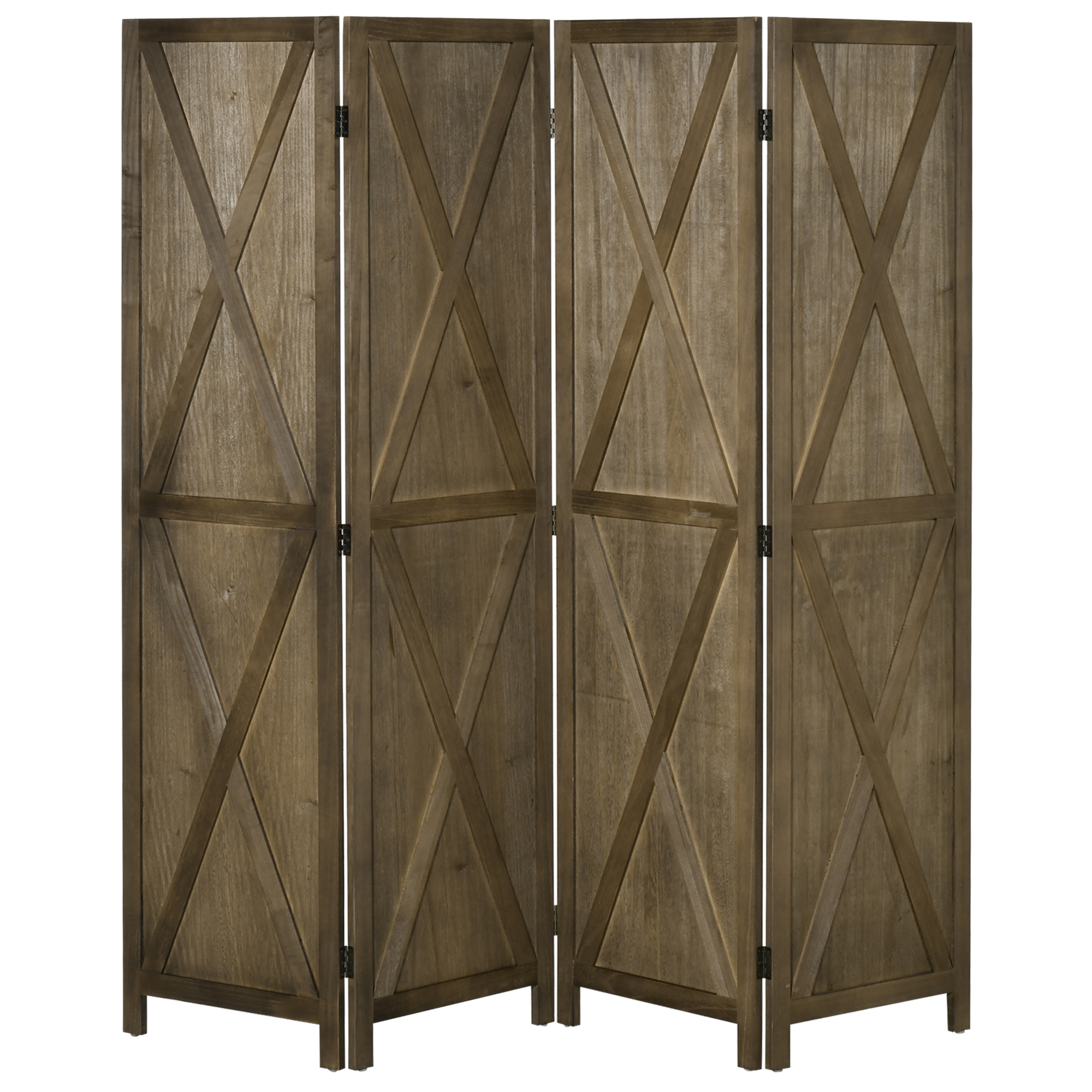 HOMCOM Innenraum-Paravent 4 Paneele 182L x 170H cm Landhausstil Chic - Raumteiler mit Gittern - Paulownia-Holz Braun Grau