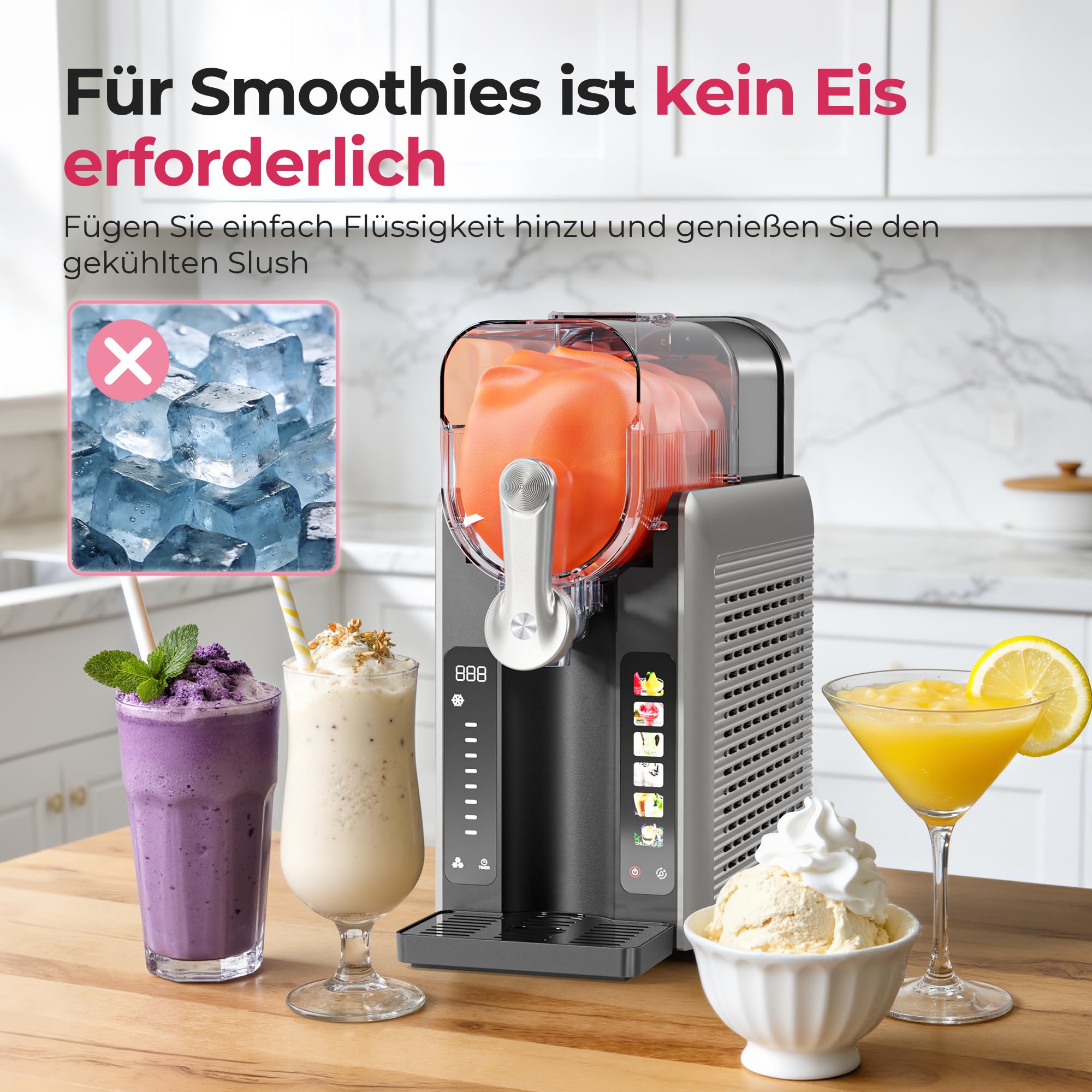 Slush-Eismaschine mit 6 Modi und 8 Stufen, 2,6 L für Slush, Eiscreme, Frappé und Milchshake, selbstreinigend