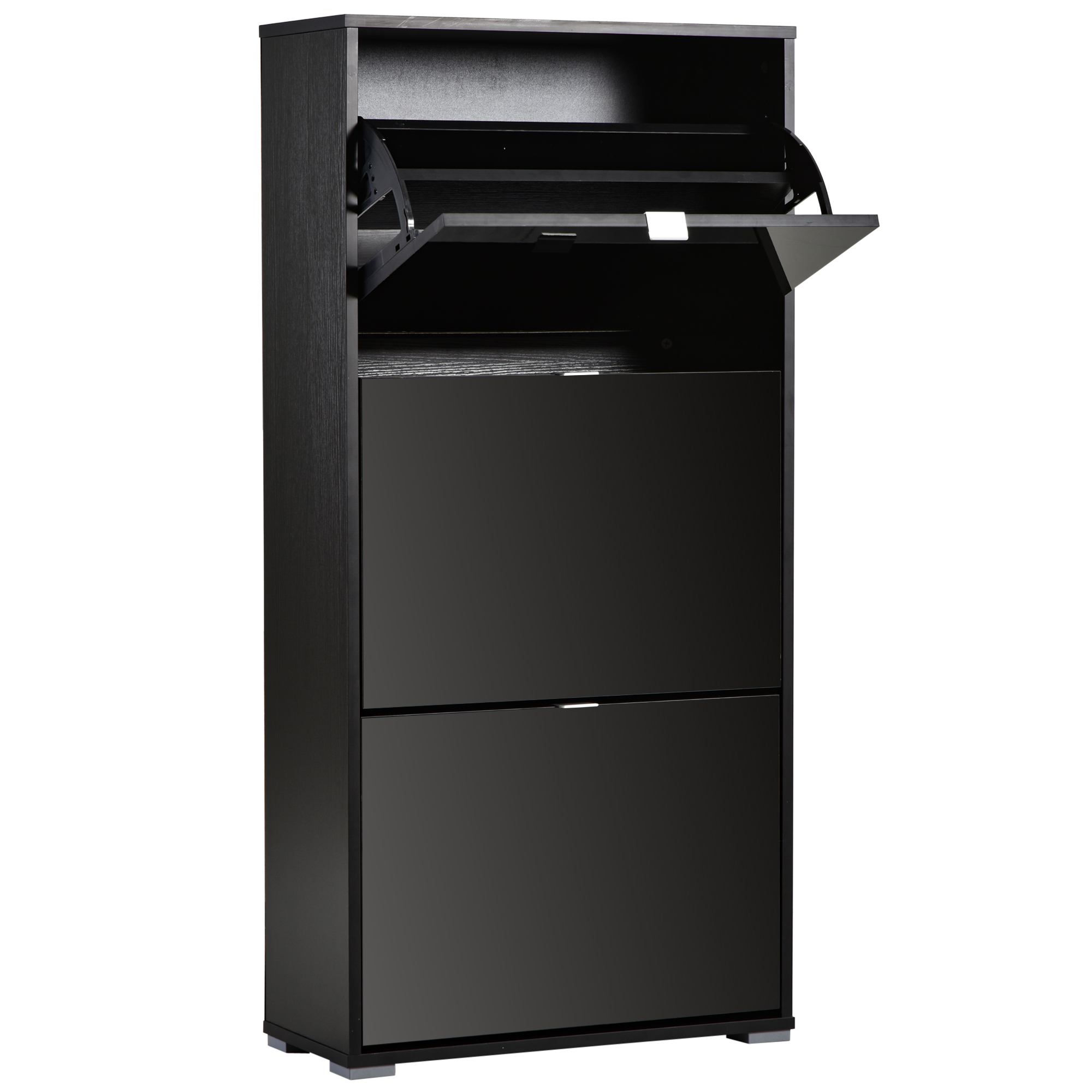 HOMCOM Schuhschrank Schuhkommode 3 aufklappbare Türen 3 Fächer Holz 60B x 26T x 124H cm Schwarz lackiert