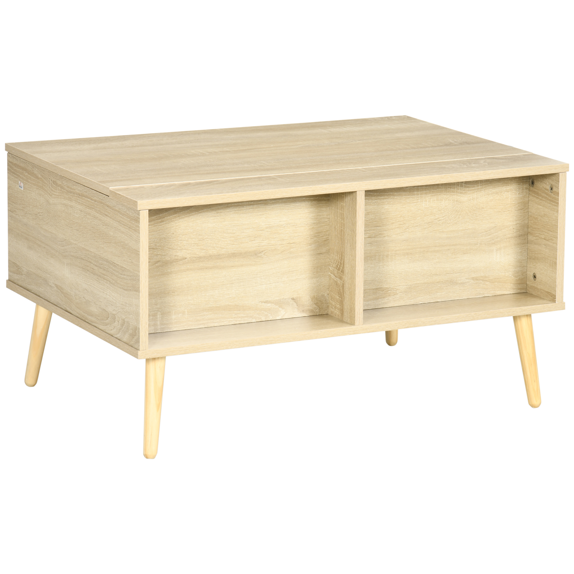HOMCOM Rechteckiger Couchtisch Wohnzimmertisch klappbares Tablett 2 Fächer Truhe aus Holzmaßen 85L x 60B x 59,5H cm helle Holzoptik