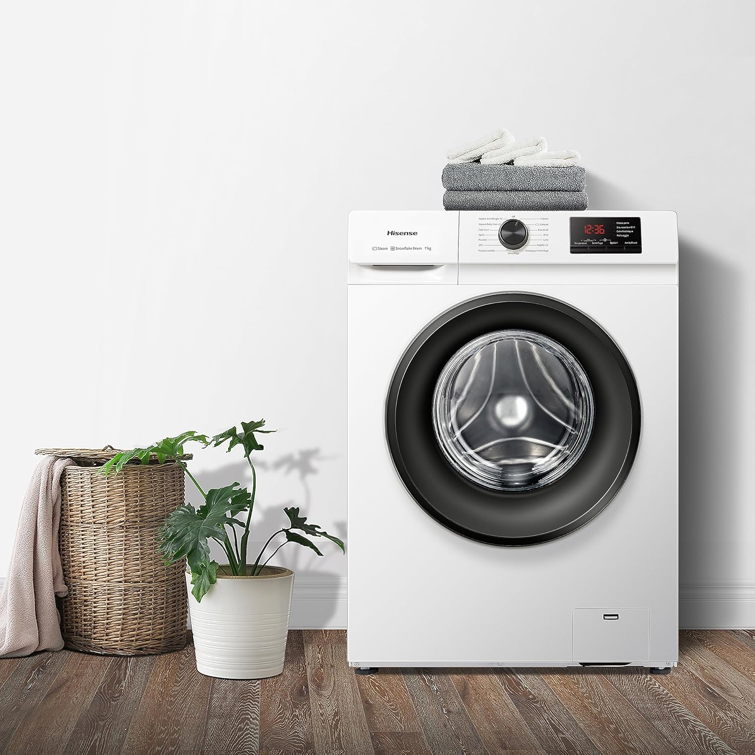 Hisense WFVB7012EM Front Load Washing Machine 7 kg 1200 rpm 15 Programs Steam LED Display Rapid Program Delay Start Child Lock