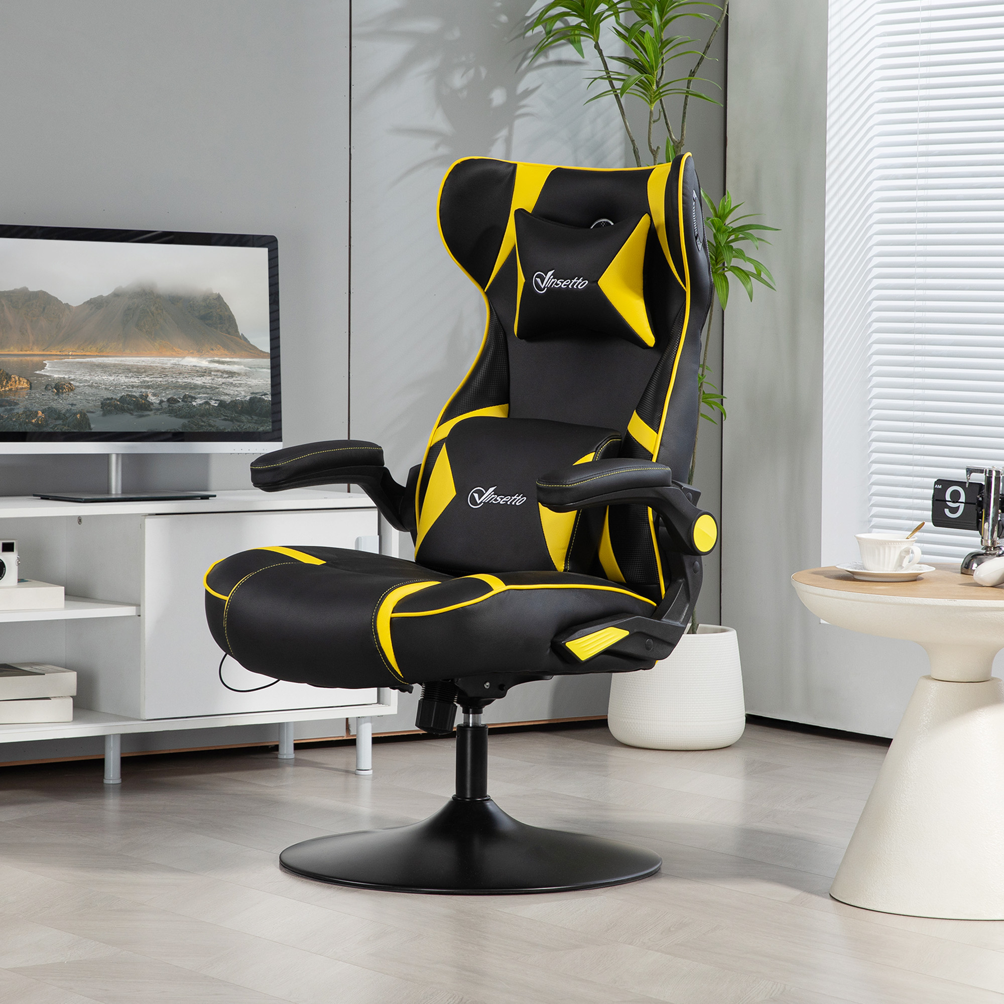 Vinsetto Gaming Stuhl mit Schaukelfunktion und Lautsprecher, Lenden- und Nackenstütze, für Spielzimmer, Kunstleder, Gelb+Schwarz