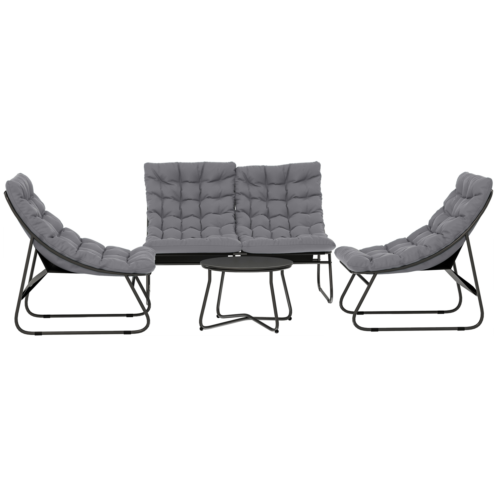 Outsunny 4-Sitzer Gartenmöbel-Set, 2 Stühle, 1 Doppel-Sofa, 1 Tisch, dicke Kissen, Stahlrahmen, für Terrasse, Grau