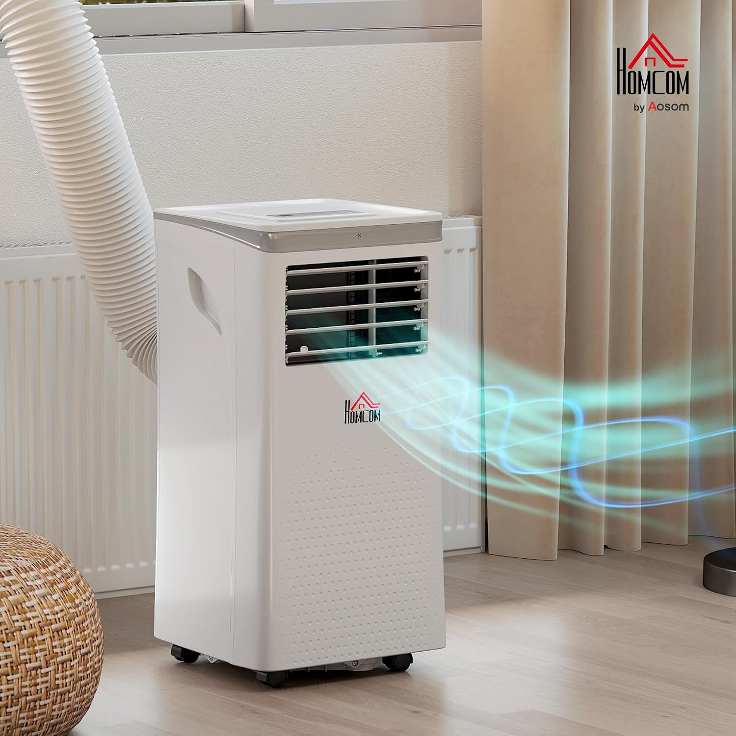 HOMCOM Condizionatore mobile 10000 BTU, climatizzatore portatile 4 in 1 raffreddamento, deumidificatore, ventilatore, modalità notturna, WiFi, App & Vocale, telecomando, timer 24H, 2 velocità, 30m²