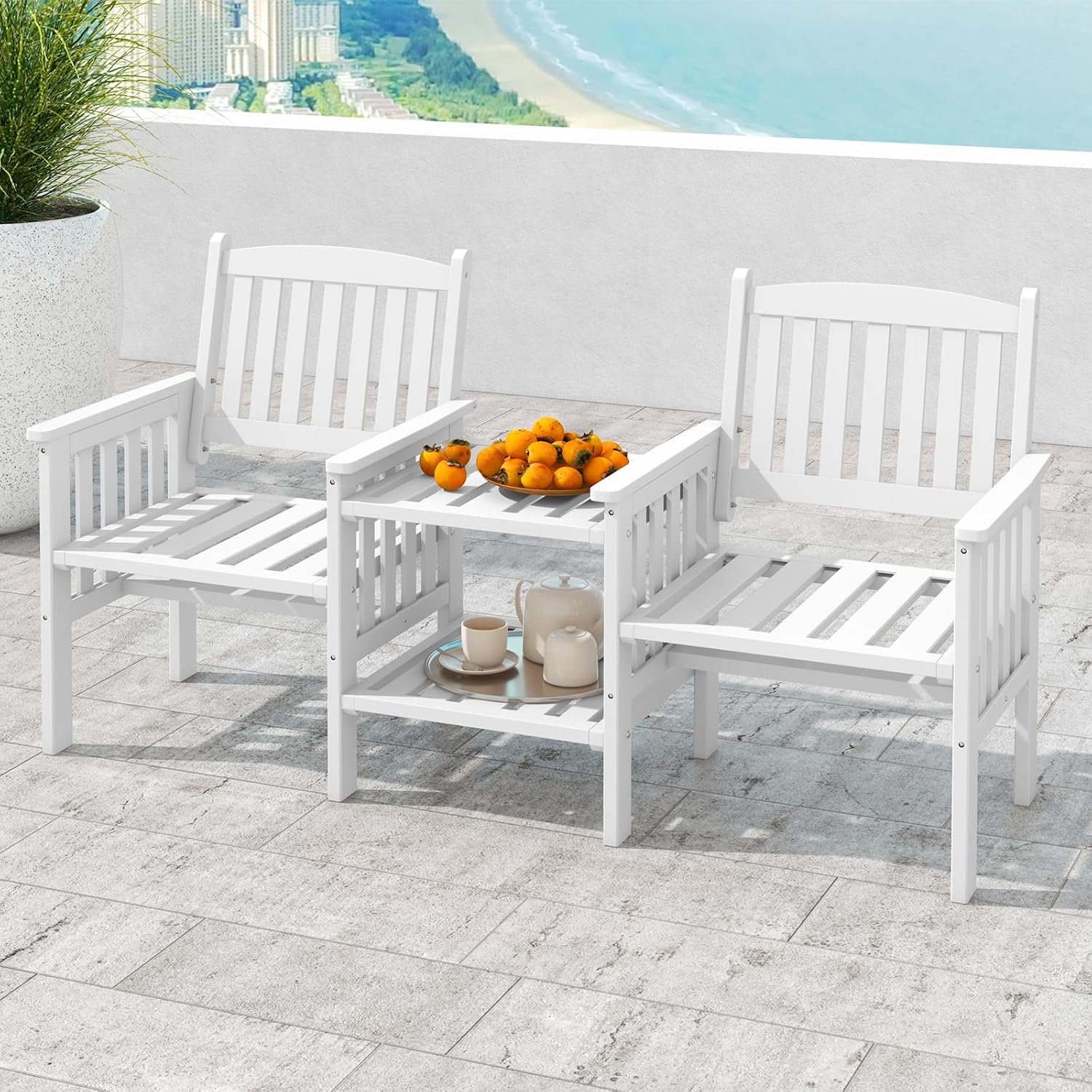 GIANTEX Gartenbank Holz mit Tisch, Friesenbank Kinobank für Balkon Terrasse 165x60x88 cm, Terrassenbank aus Tannenholz bis 330 kg belastbar