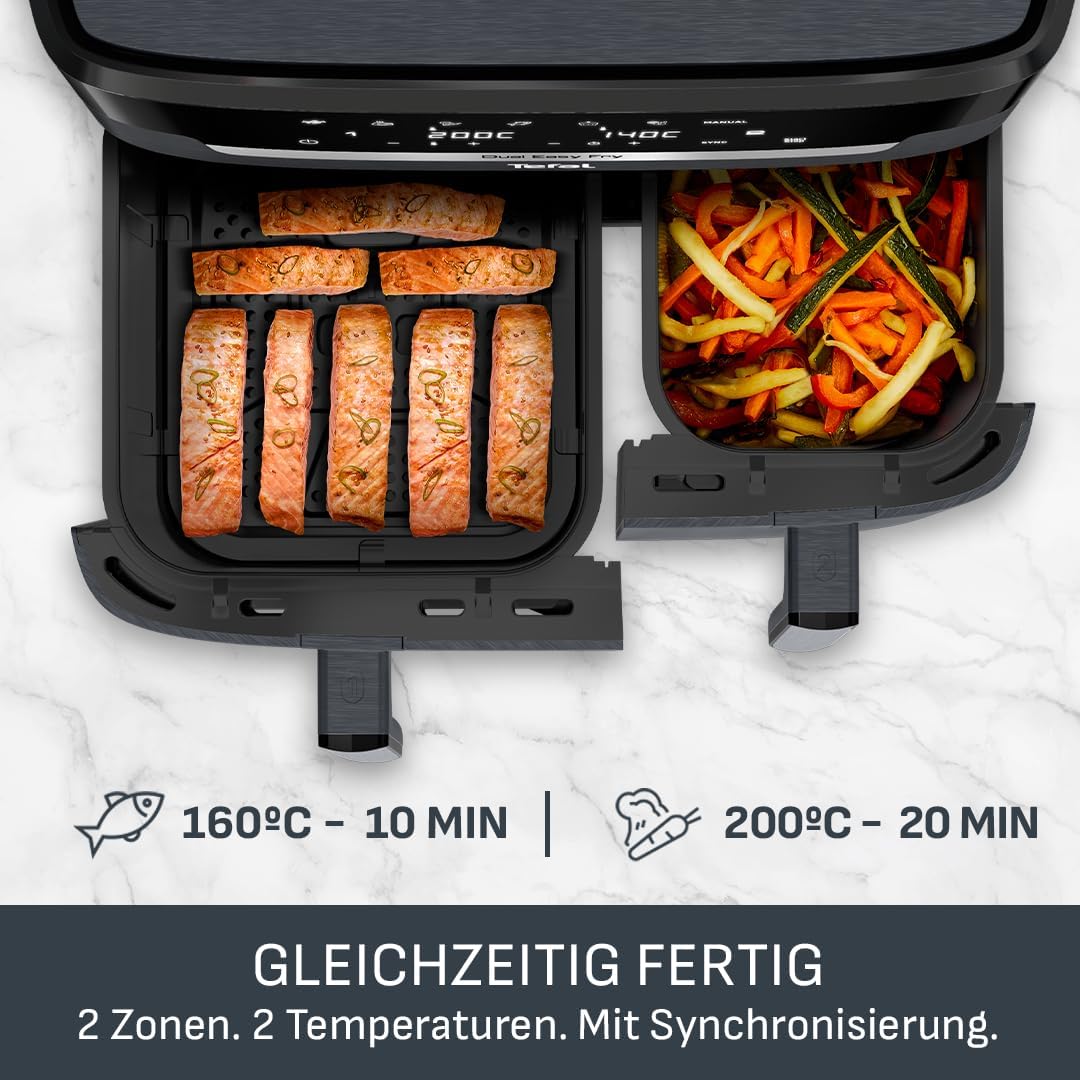 Tefal Dual Easy Fry XXL Heißluftfritteuse 11 L – Airfryer mit 2 Kammern (Doppelkammer), 7 Programme, 2700 W, digitales Display, Extra-Crisp Technologie, fettarm frittieren, energiesparend EY942B