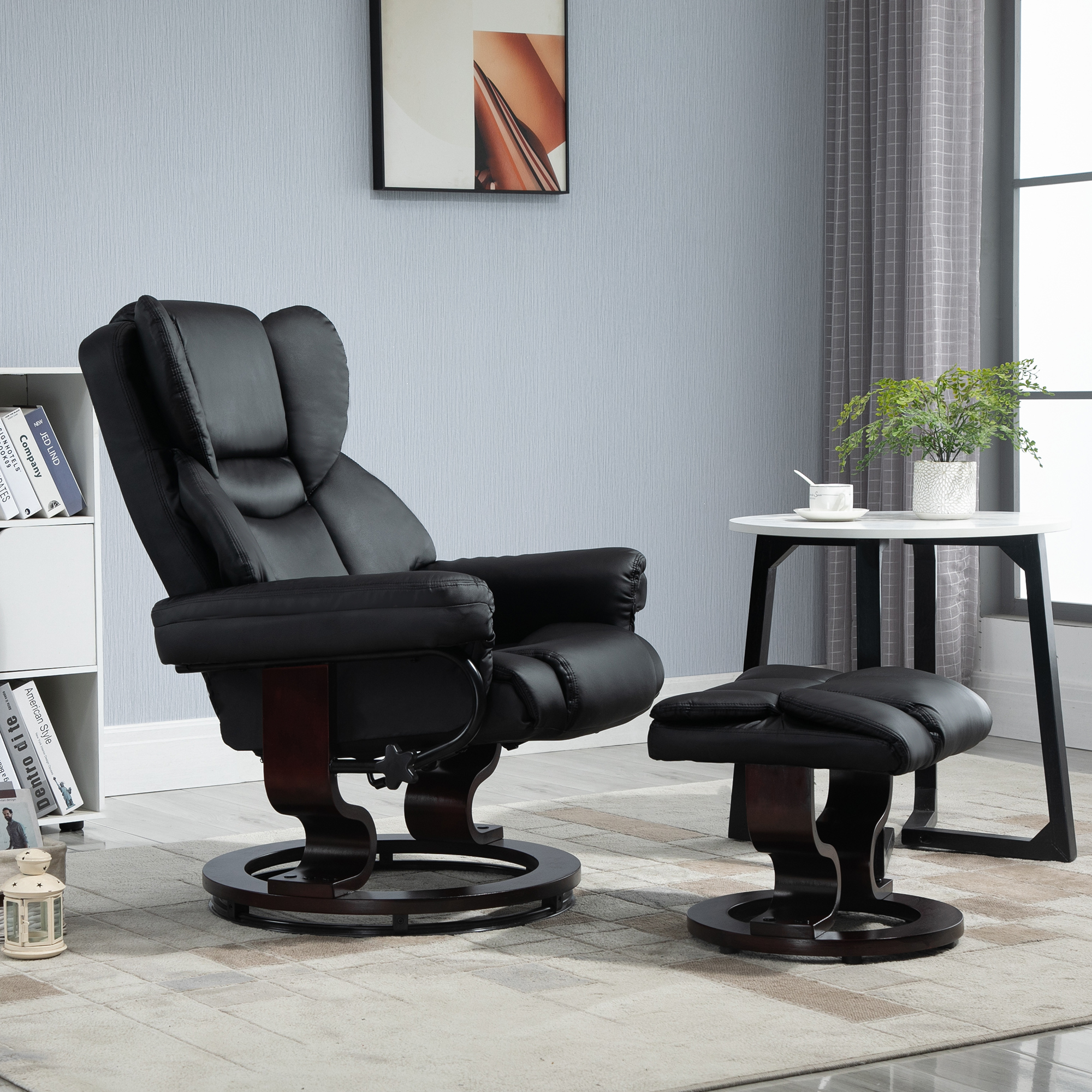 HOMCOM Relaxsessel mit Hocker, Liegefunktion, drehbar, bis 160 kg, Kunstleder, Metallrahmen, schwarz, 80 x 79 x 100 cm