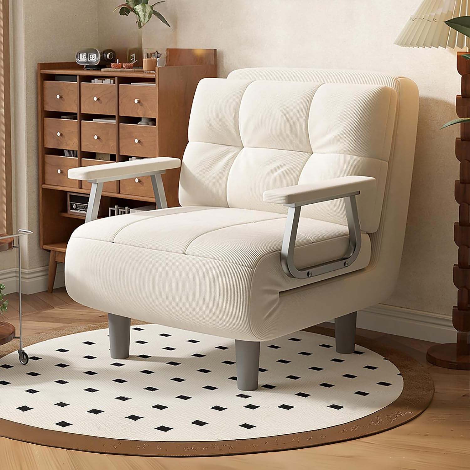 Fabulcozy Divano Letto Poltrona Convertibile 1 Posto, Grande Comfort Smontabile Con Cuscino, Braccioli in Metallo(Bianco)