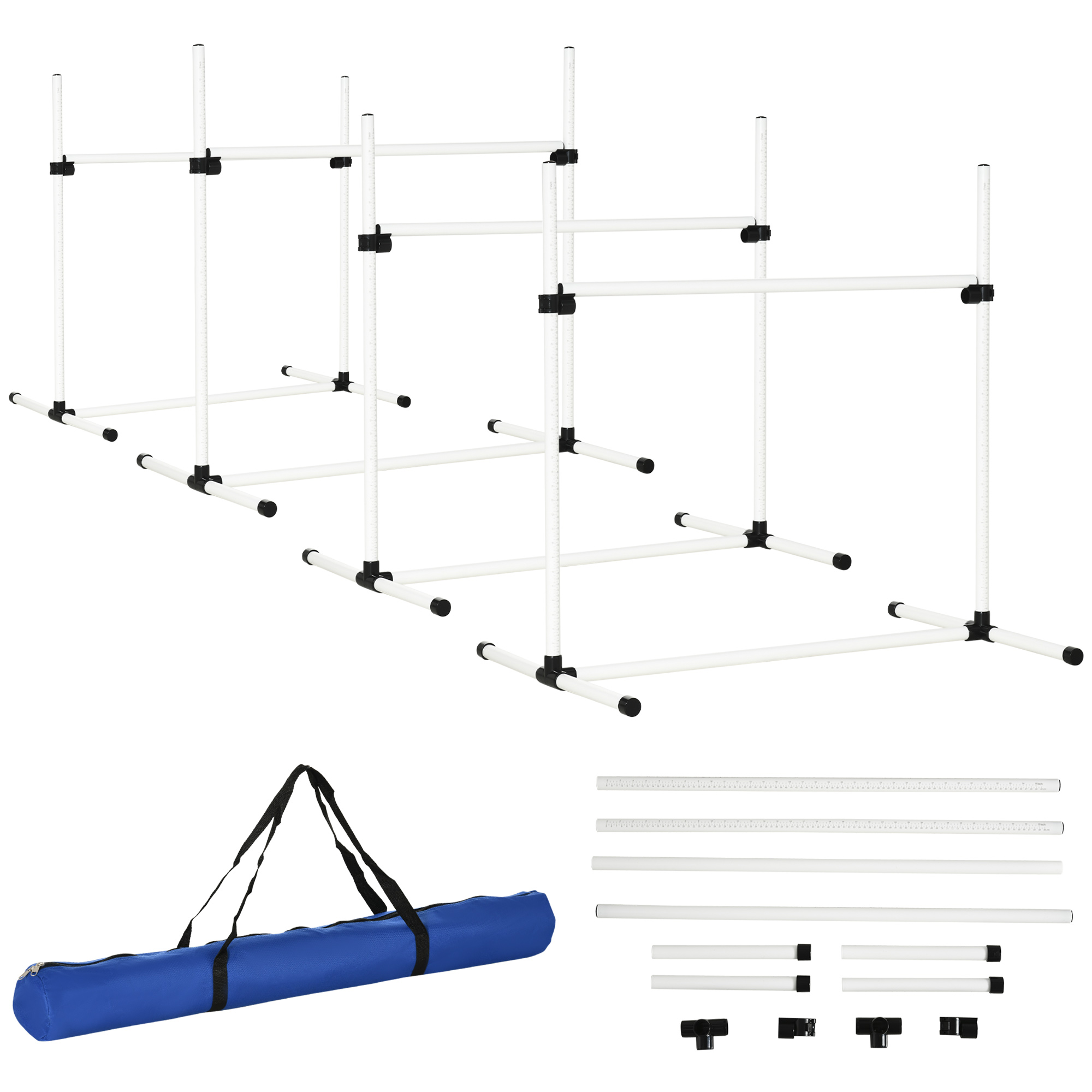 PawHut Agility Set Hunde 4-teiliges Agility-Ausrüstung für Hundetraining Steckhürdenset mit 4 höhenverstellbar Hürden Tragetasche Koordinationstraining Agilityset für Spiele Training