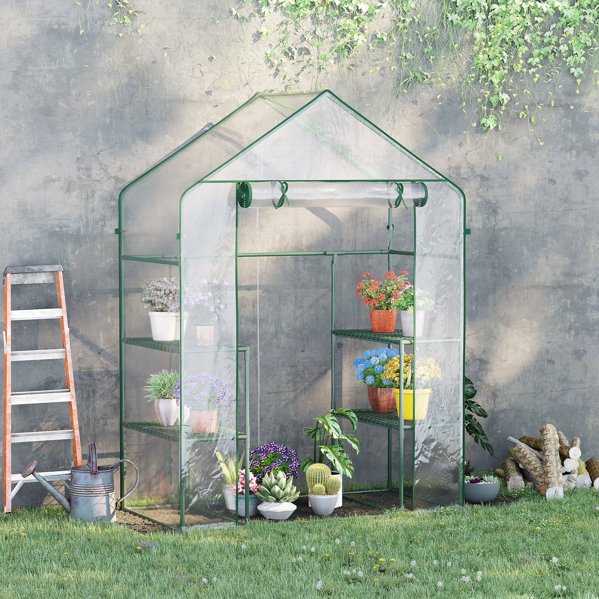 Outsunny Foliengewächshaus begehbares Gartenhäuschen Tomatengewächshaus Treibhaus Frühbeet mit 6 Regalen Transparent Stahl PVC-Kunststoff 142 x 73 x 195 cm