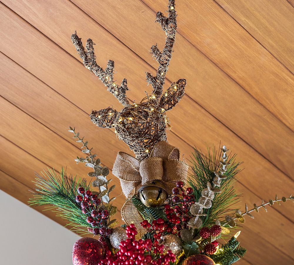Burlap Lit Buck Tree Topper – 50 LED Lights, Battery Operated, Rattan & Metal, 19.5′′ High