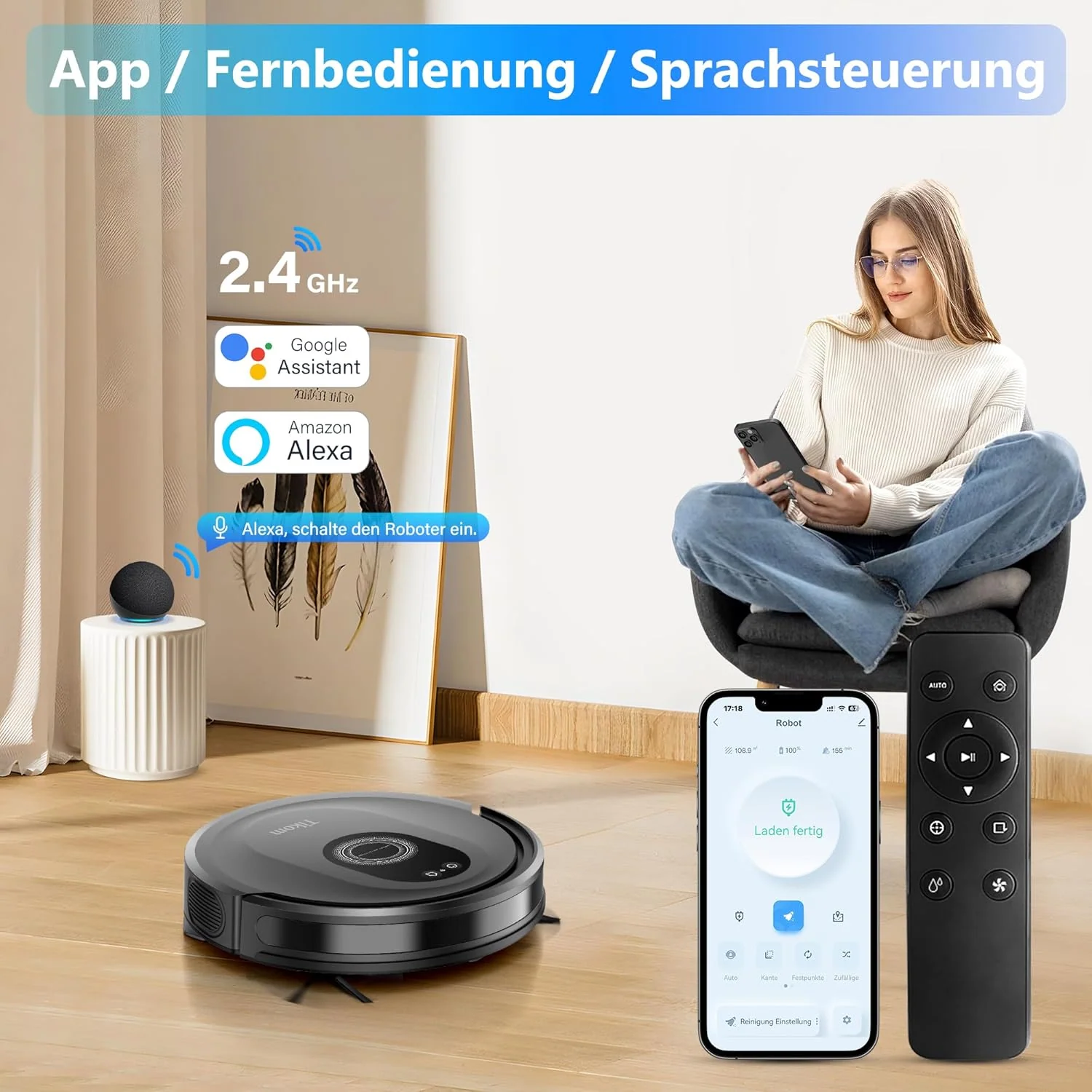 Tikom Saugroboter mit Wischfunktion 2 in 1, G8000 Max Staubsauger Roboter, 5000Pa Starke Saugkraft Roboterstaubsauger, Selbstaufladend, WLAN, 150Mins Max, Ideal für Tierhaare, Teppich, Hartboden