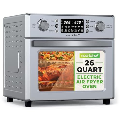 NutriChef 26L Electric Air Fryer Oven | 1700W Countertop Rotisserie & Air Fryer | 360° Rotating Feature | 10 Digital Menu Presets | Includes Drip Tray, Air Frying Basket & Bake Rack 15x16x14 (Silver) : Home & Kitchen