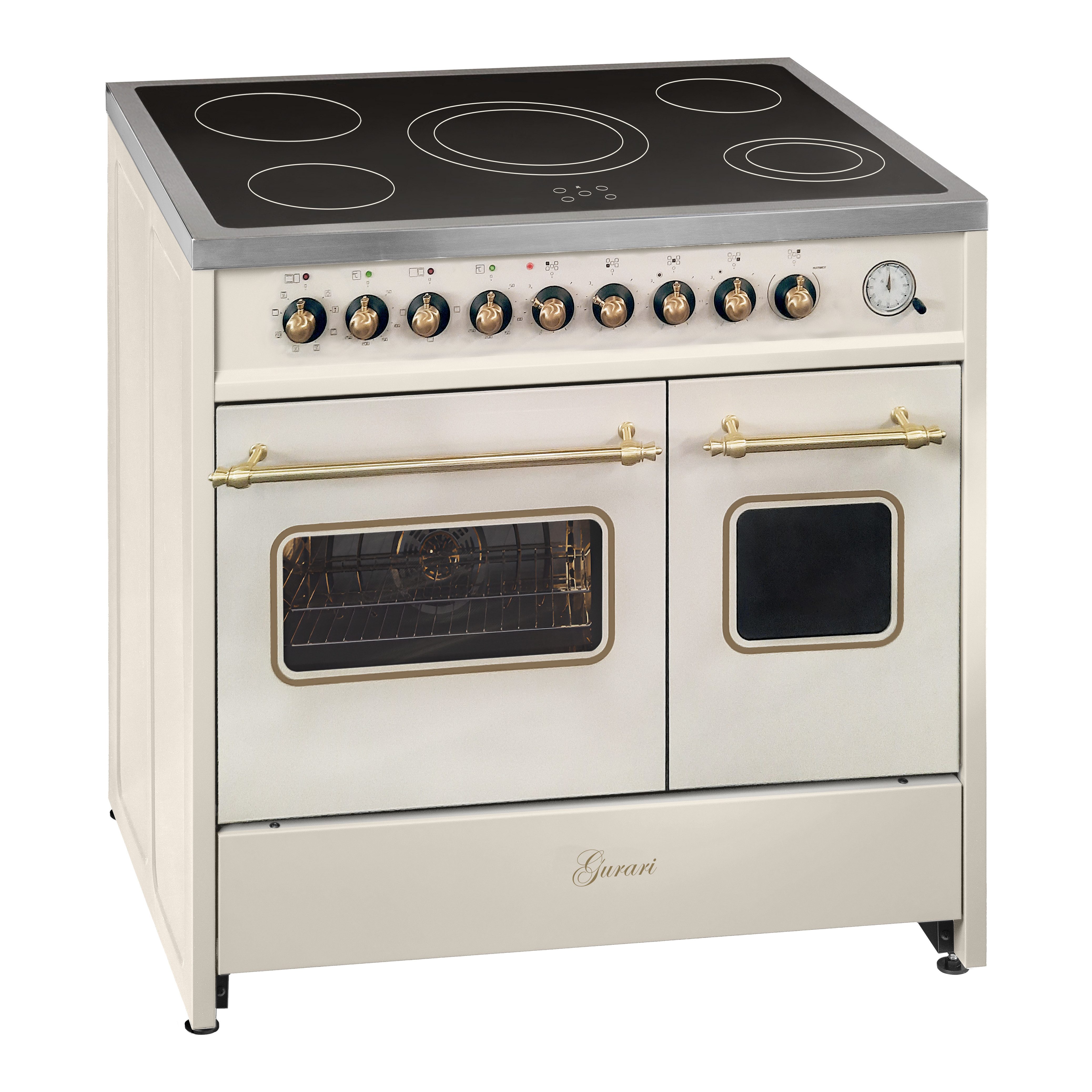 Elektro-Standherd Glaskeramik Herd 90 cm Creme Range Cooker Elektro Doppelbackofen mit Dunstabzugshaube 90 cm in Creme, Flachpaneel Wandhaube Motor 1000m³/h GCH E 912 DF Cr r+GCH 461 BG 9..