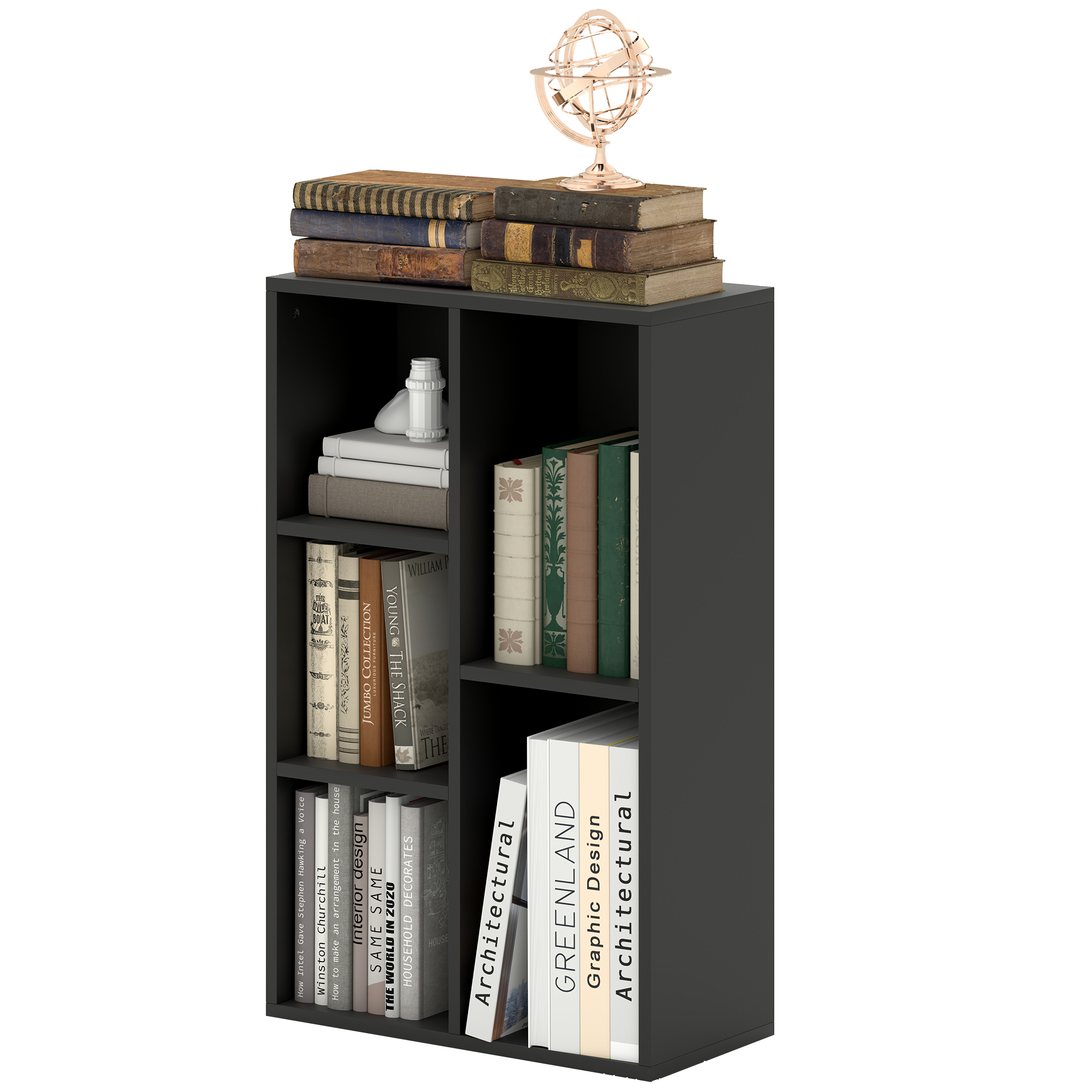 HOMCOM Bücherregal Regal mit 2 Ebenen und 5 Fächern, für Wohnzimmer Schlafzimmer Büro, 50x24x80cm, Schwarz