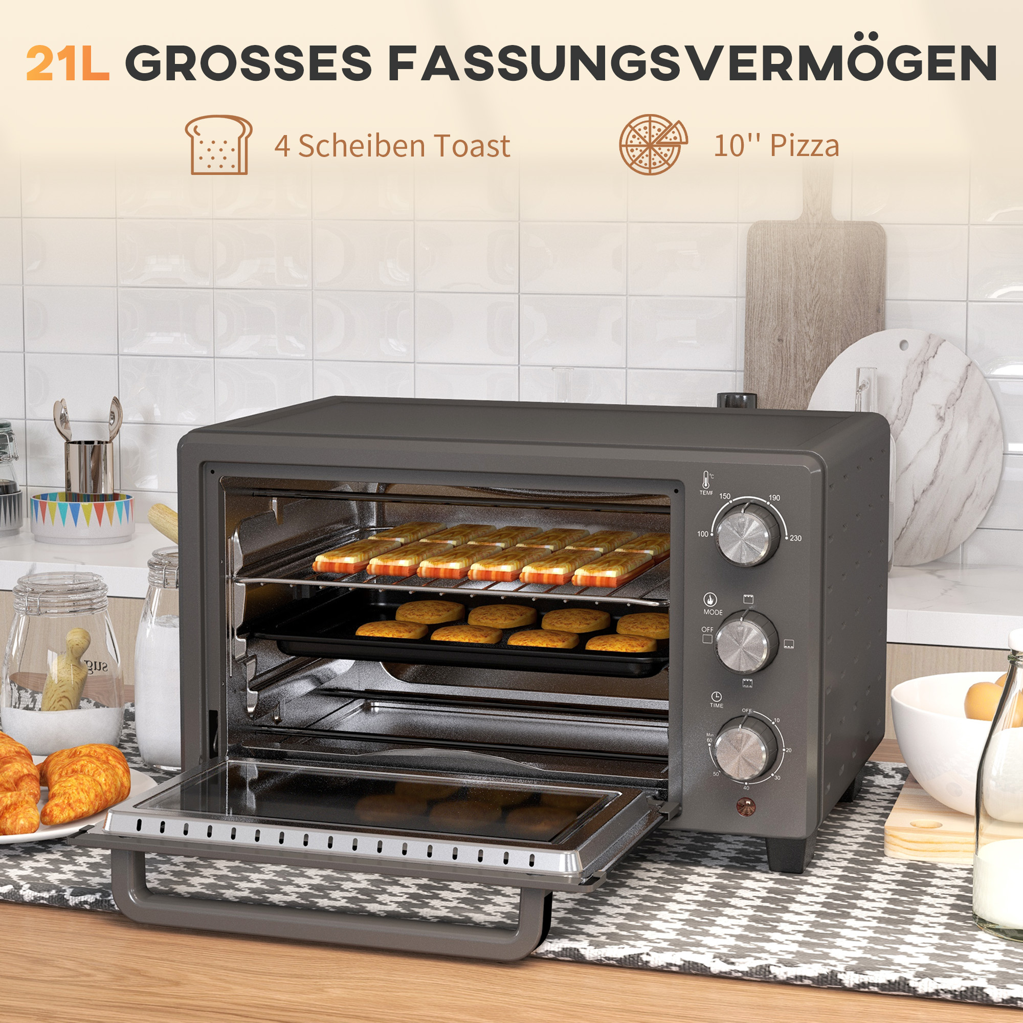 Minibackofen, 21L Toasterofen met 1 Draadrek en 1 Bakplaat, 3 Kookmodi, 100 ��C-230 ��C, Roestvrijstaal, Glas, Grijs