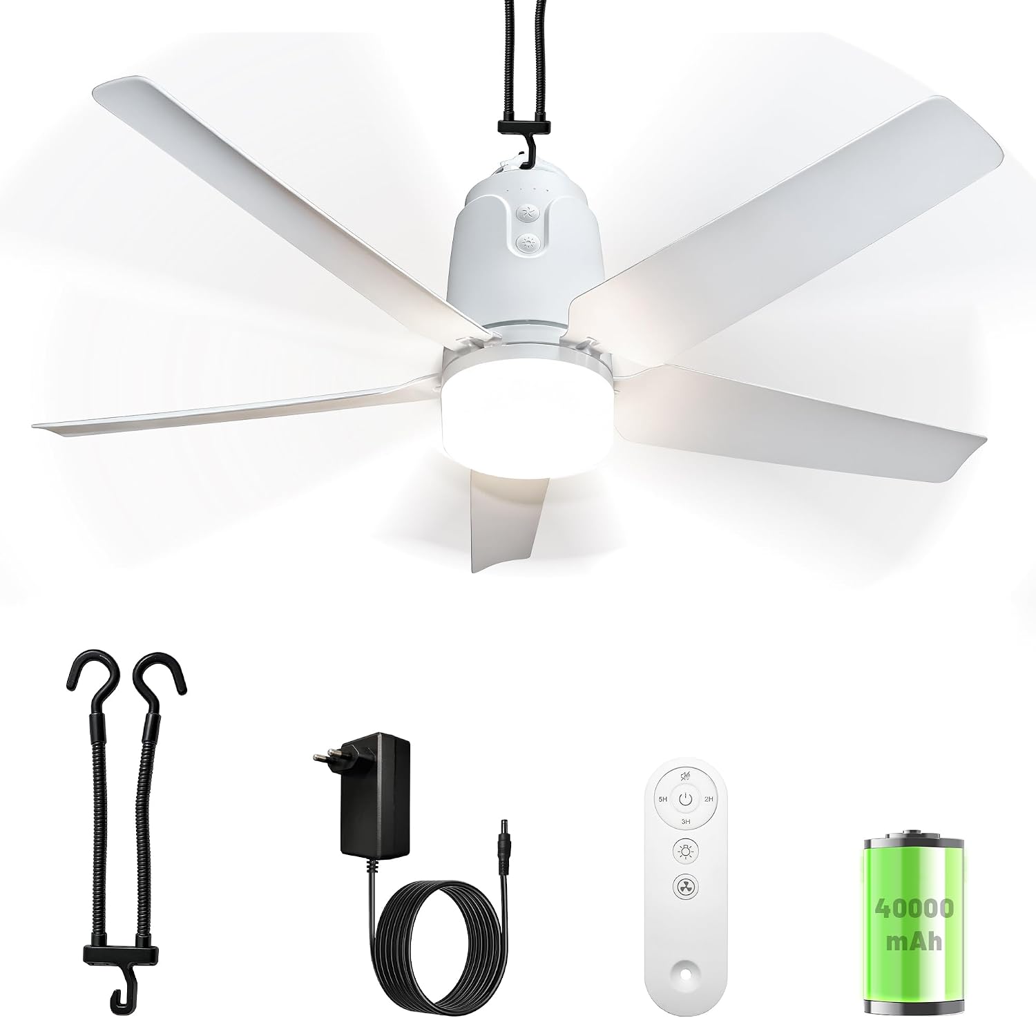 80CM Akku Deckenventilator mit Beleuchtung für Outdoor, 40000mAh Akku Groß Mobiler Ventilator mit Licht, 3000K-6000K Dimmbar, Fernbedienung & Haken, für Camping, Pavillon, Terrasse, Zelt, Wohnmobil