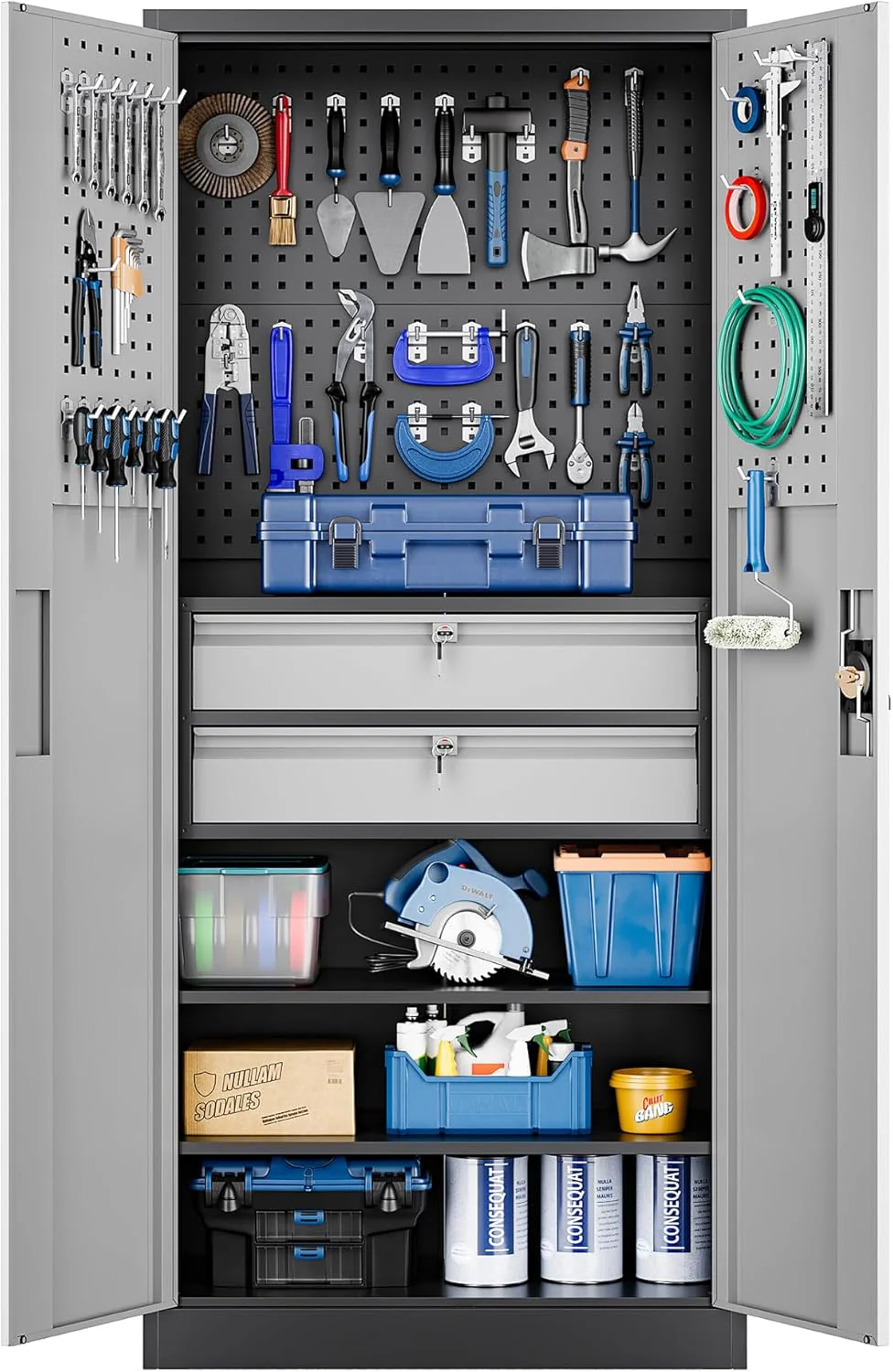 Yizosh Metal Garage Storage Cabinet with Locking Doors and 2 Drawers, Heavy Duty Steel Tool Cabinet with Pegboard, 71