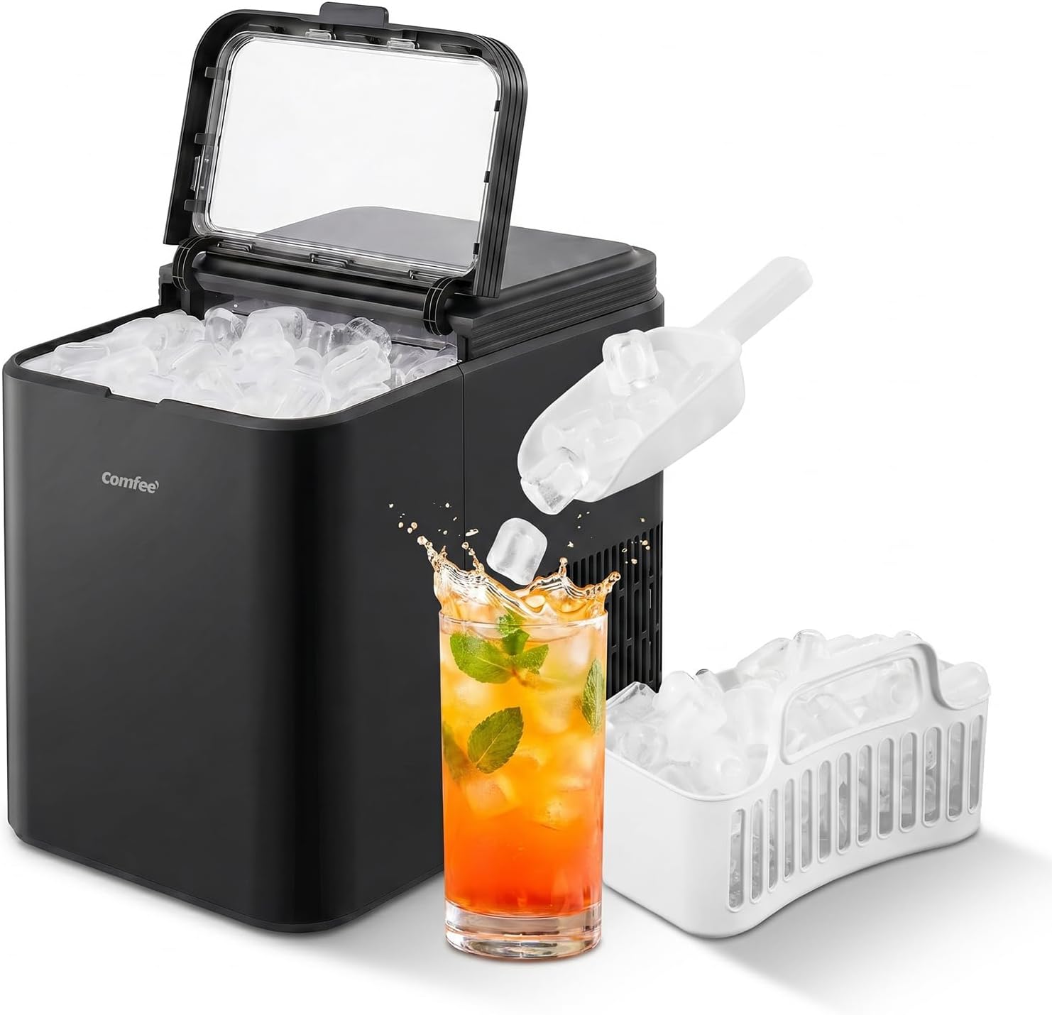 Comfee' RCI12BL1EU(E) Eiswürfelmaschine, 8 Eiswürfel in 6 Min.,12 kg/24 Std.,1,3L Wassertank, Selbstreinigungsfunktion, Kompakter Bullet Ice Maker, inkl.Eisschaufel & Korb für Zuhause– Schwarz