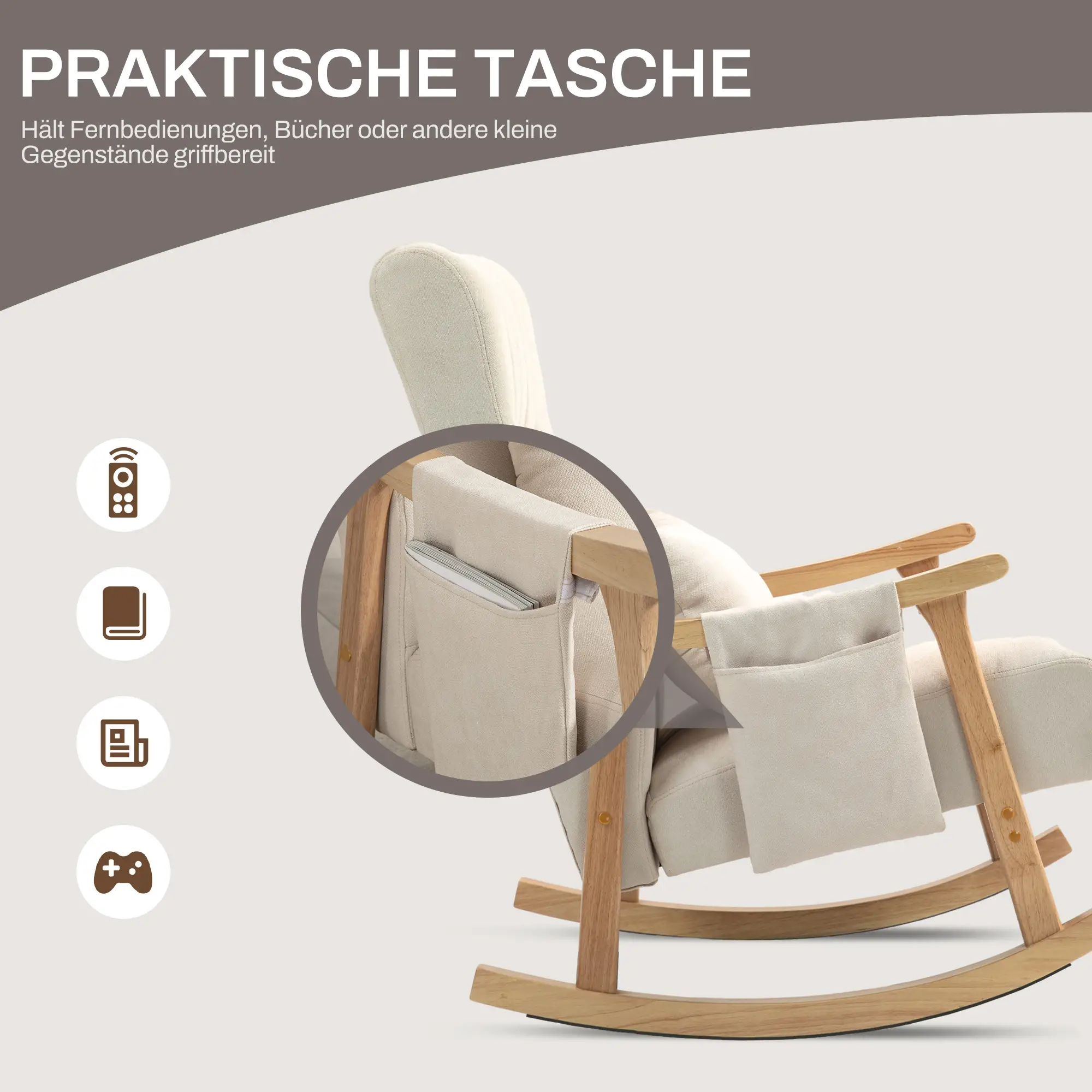 HOMCOM Schaukelstuhl mit Lendenkissen und Seitentasche Beige