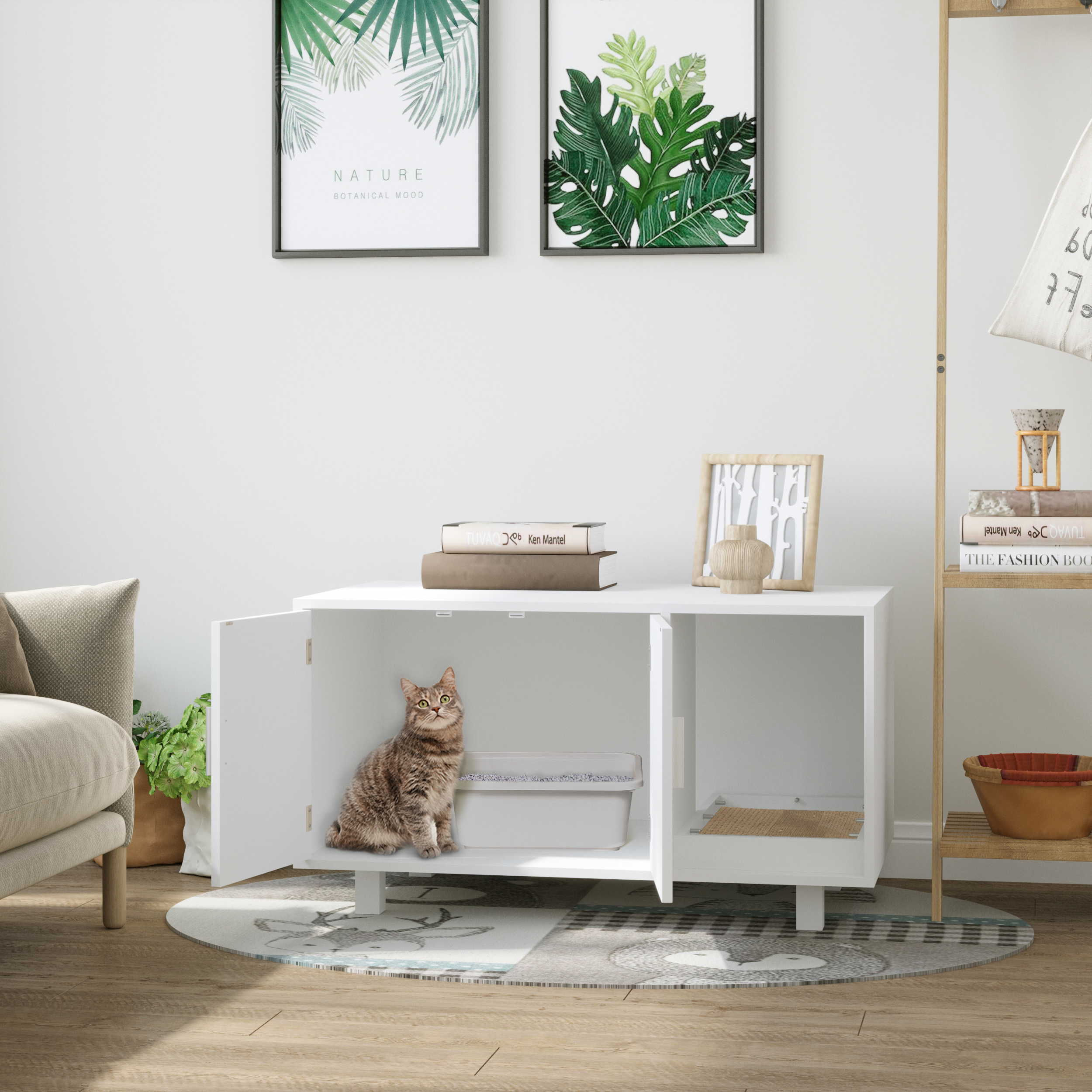 PawHut Katzenklo-Möbel, 2-türig, Kratzbaumfach, Beistelltisch, 50,5H x 91L x 52B cm, MDF, weiß
