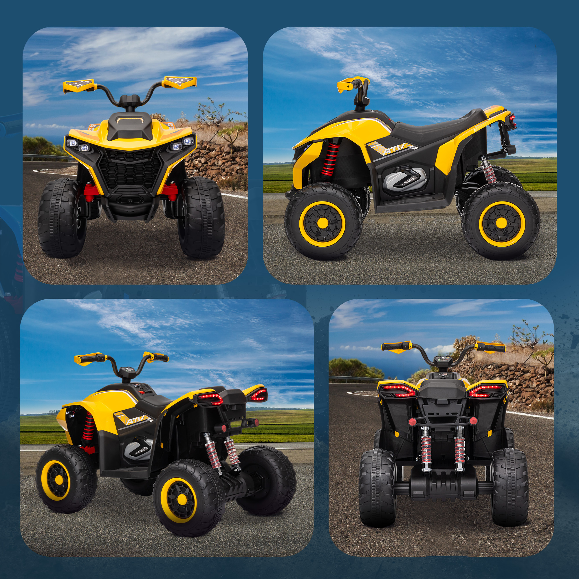AIYAPLAY Elektrische Kinderquad, 3-6 km/u, LED-licht, Muziek, USB, 3-8 Jaar, Geel