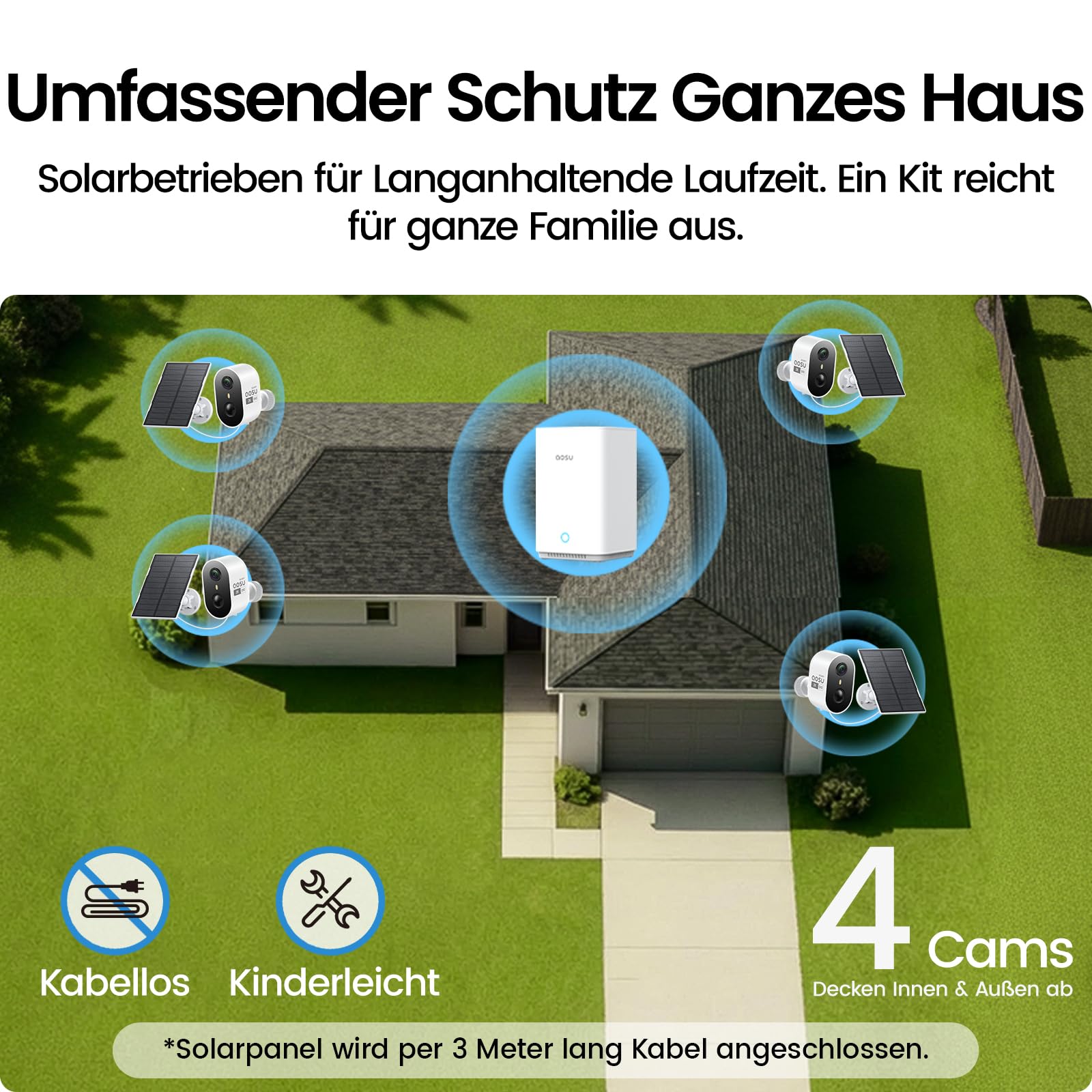 Solar-Überwachungskamera Außen C7L 4er-Kit 2K 3MP mit Basisstation 32 GB lokaler Speicher PIR-Bewegungserkennung Nachtsicht IP65