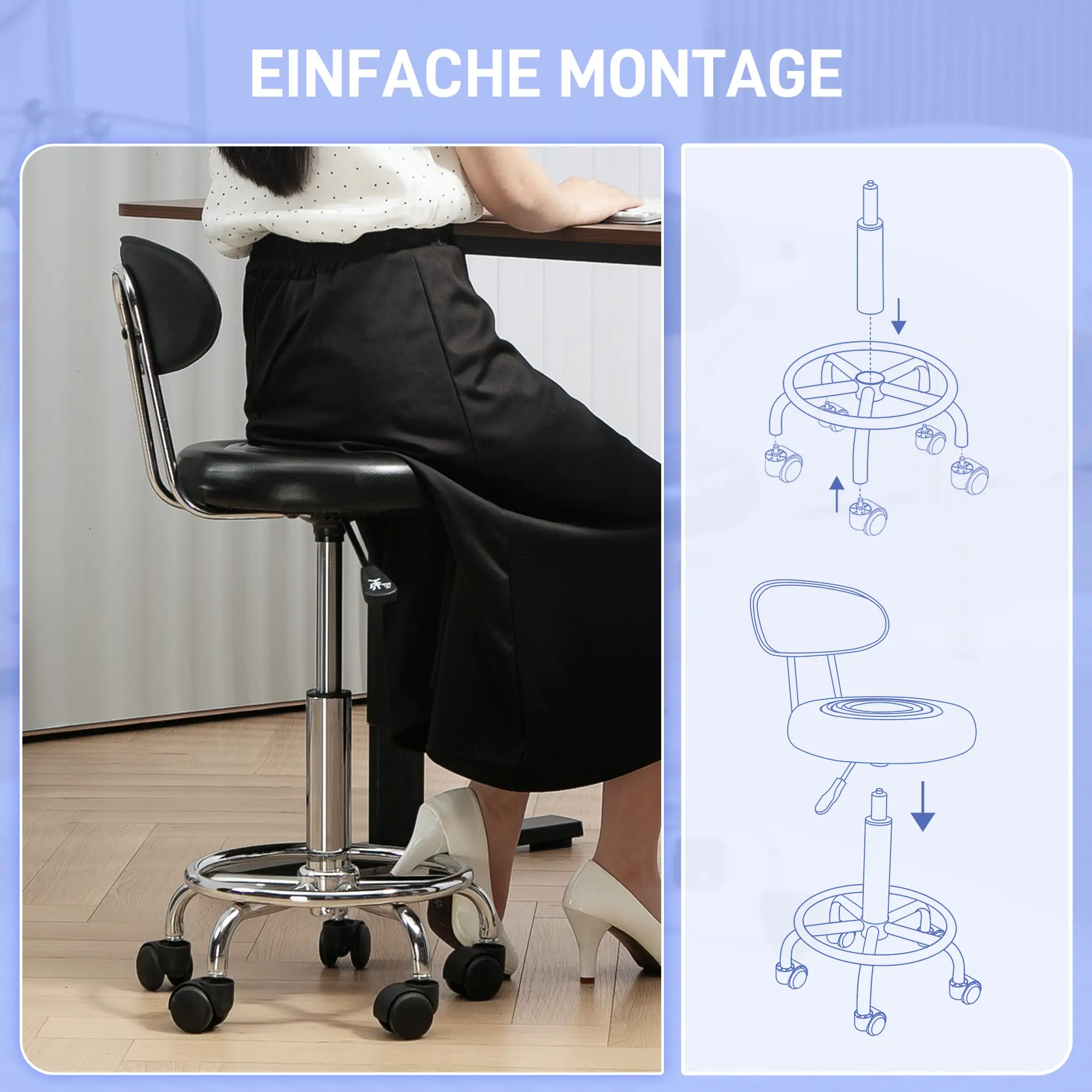 HOMCOM Rollhocker mit Lehne & Fußstütze, höhenverstellbar, Schwarz