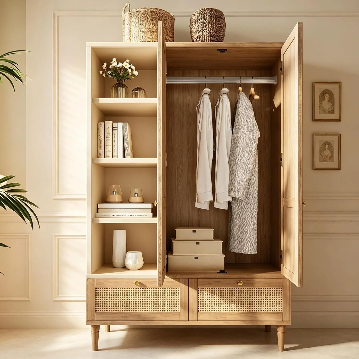 Kleiderschrank 120x50x180 cm mit Rattan-Design, Türen, Schubladen, Eiche