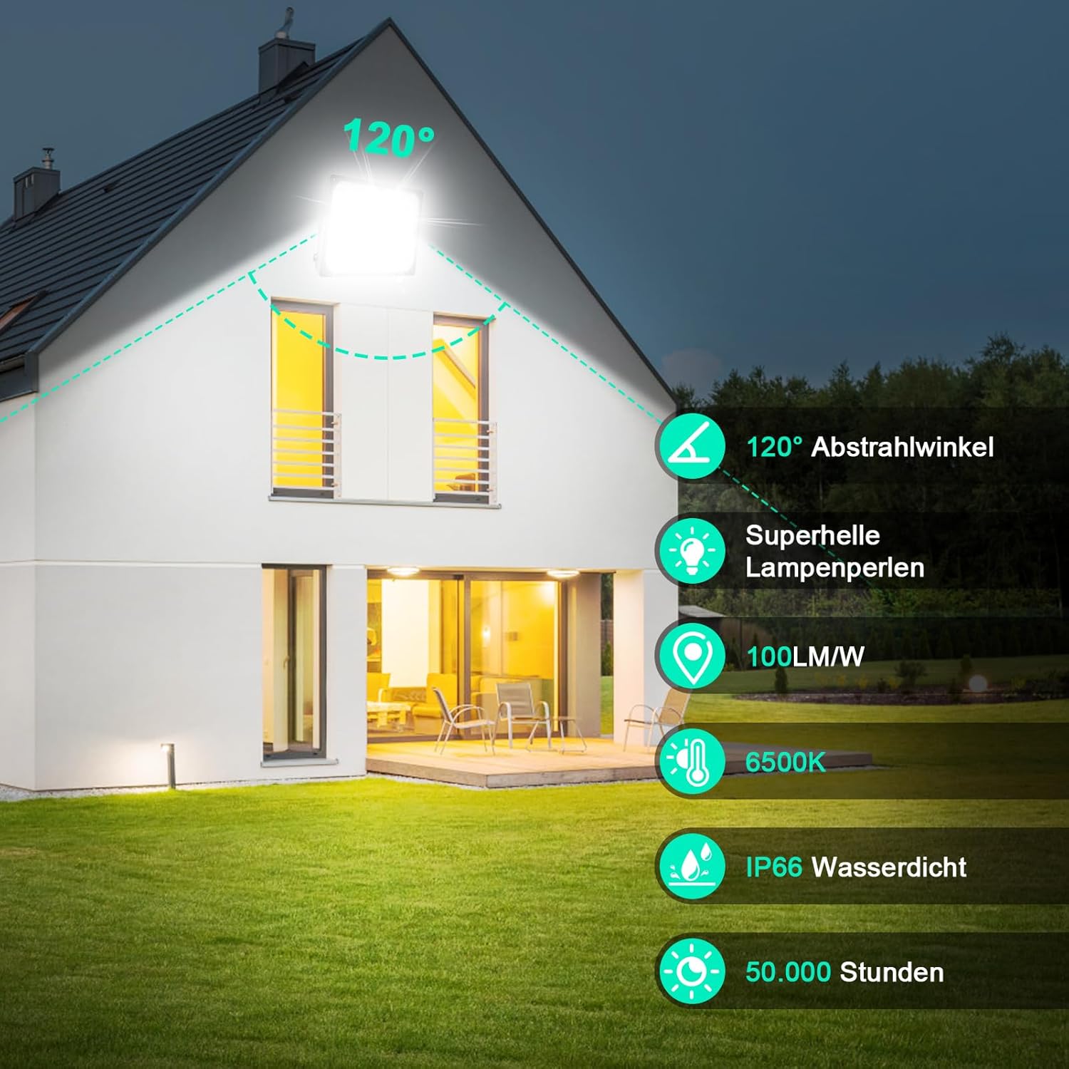 LED Strahler Außen 300W, 5 Stücke Superhell Dünn LED Fluter Außen, 6500K Kaltweiß Scheinwerfer Fluter, IP65 Wasserdicht Outdoor Sicherheitsleuchte für Garten, Hinterhof, Sportplatz